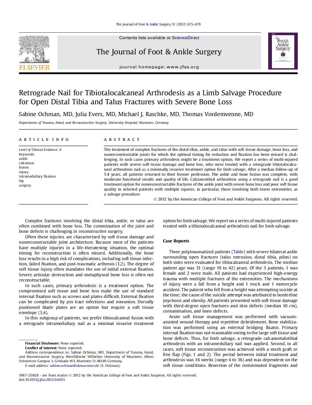 Retrograde Nail for Tibiotalocalcaneal Arthrodesis as a Limb Salvage Procedure for Open Distal Tibia and Talus Fractures with Severe Bone Loss 