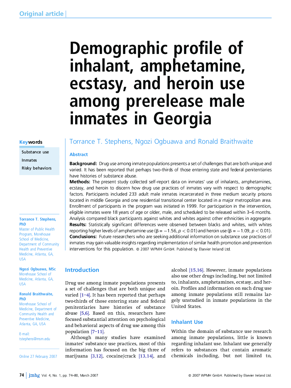 Demographic profile of inhalant, amphetamine, ecstasy, and heroin use among prerelease male inmates in Georgia