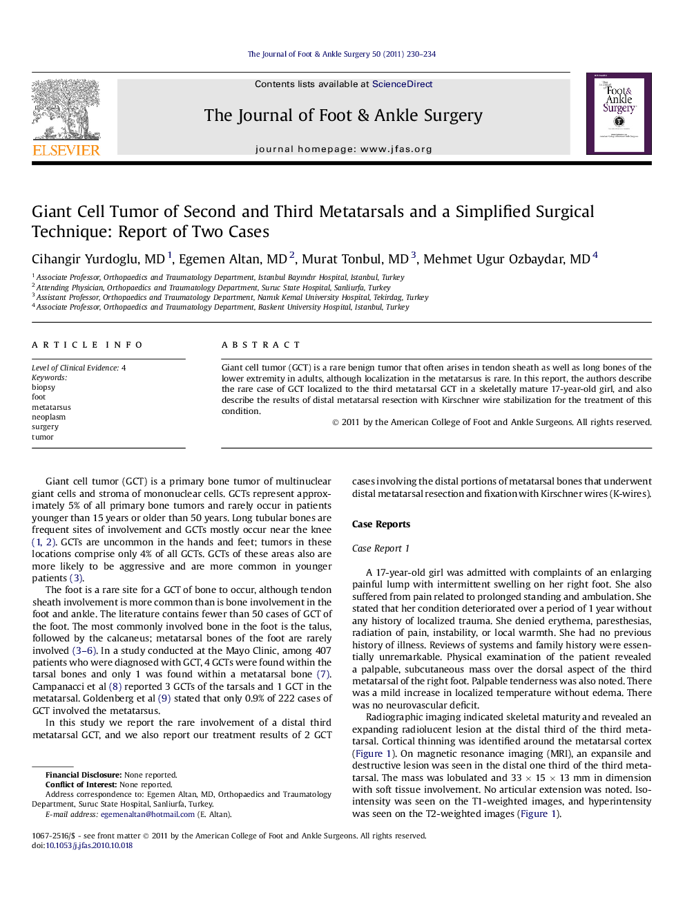 Giant Cell Tumor of Second and Third Metatarsals and a Simplified Surgical Technique: Report of Two Cases 