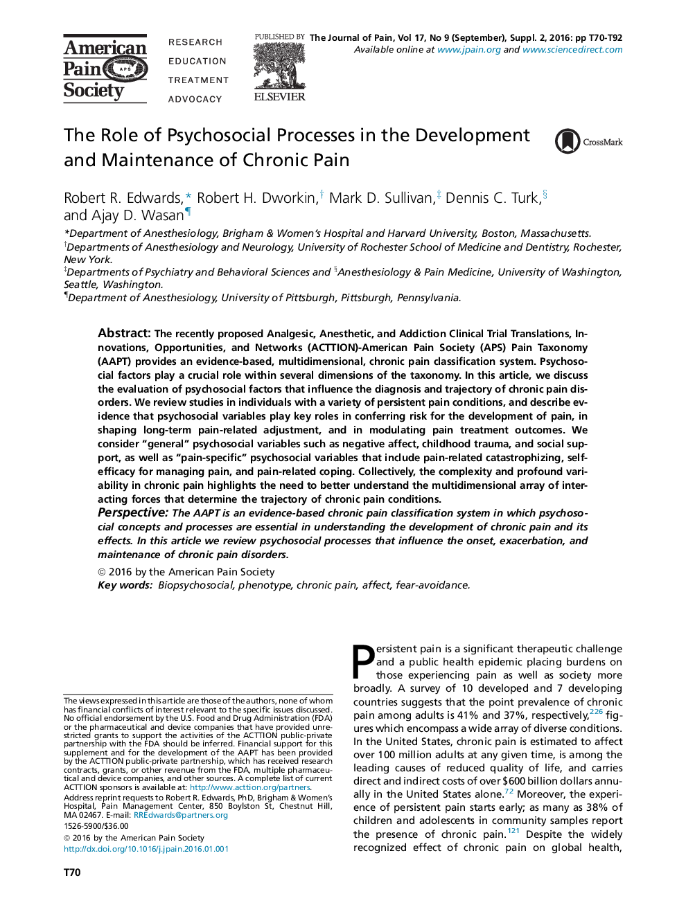 The Role of Psychosocial Processes in the Development and Maintenance of Chronic Pain 