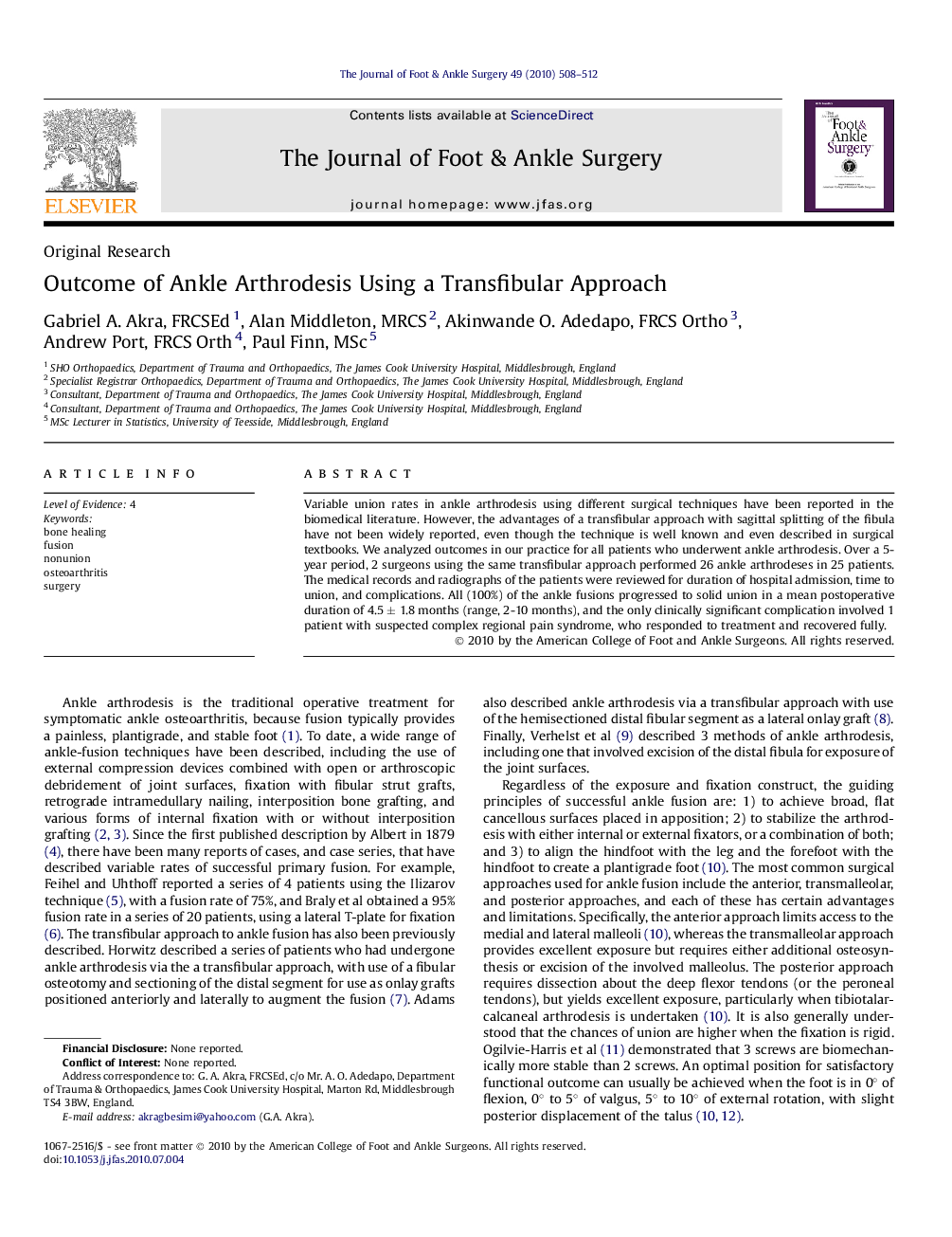 Outcome of Ankle Arthrodesis Using a Transfibular Approach 