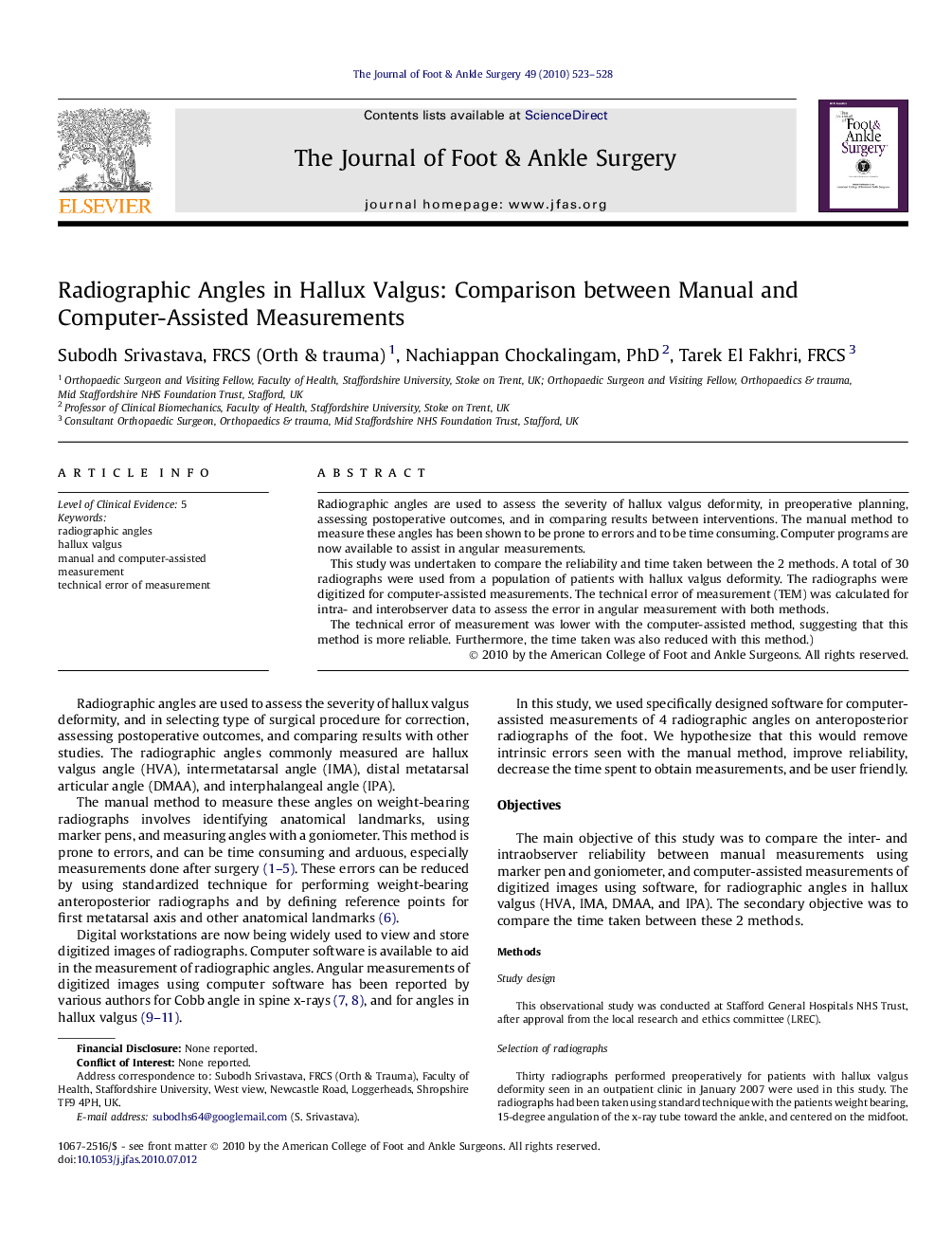 Radiographic Angles in Hallux Valgus: Comparison between Manual and Computer-Assisted Measurements 