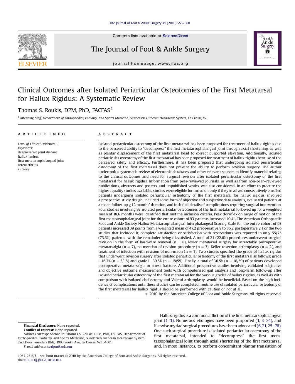 Clinical Outcomes after Isolated Periarticular Osteotomies of the First Metatarsal for Hallux Rigidus: A Systematic Review 