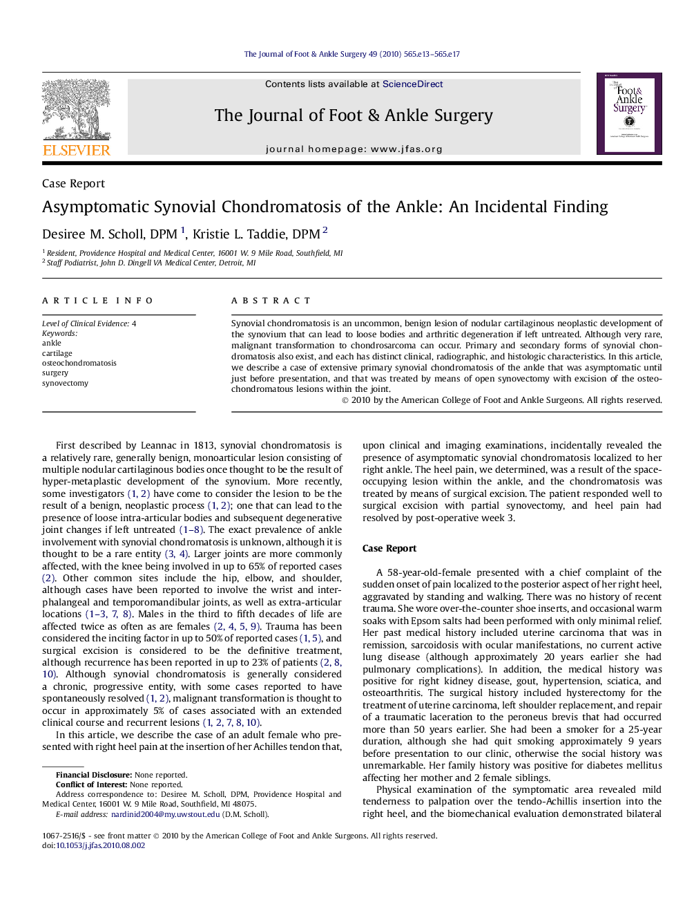 Asymptomatic Synovial Chondromatosis of the Ankle: An Incidental Finding