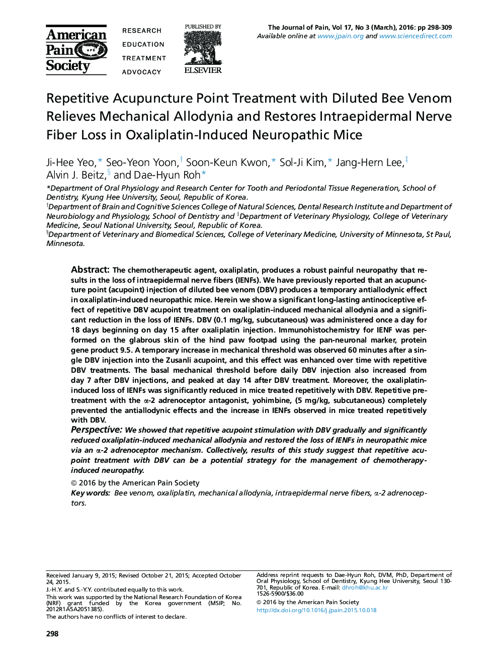 درمان طب سوزنی نقطه تکراری با زهر رقیق زنبور عسل آلوداینیا مکانیکی را تسکین می دهد و افت عصب فیبری Intraepidermal در موش نوروپاتیک ناشی از اگزالی پلاتین را بازیابی می کند