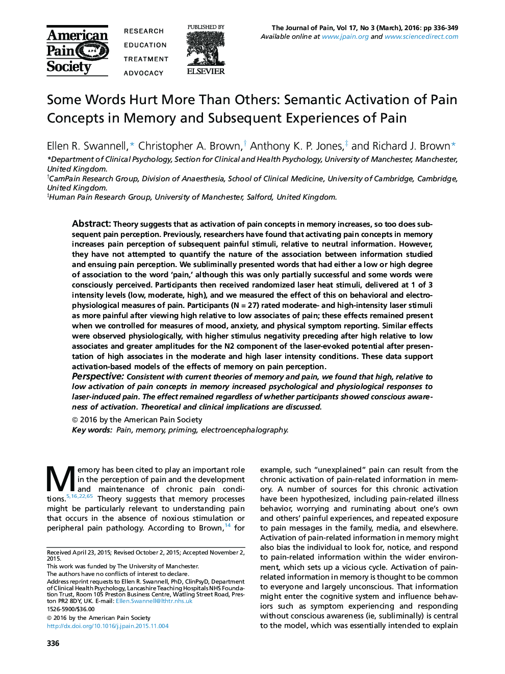 Some Words Hurt More Than Others: Semantic Activation of Pain Concepts in Memory and Subsequent Experiences of Pain 