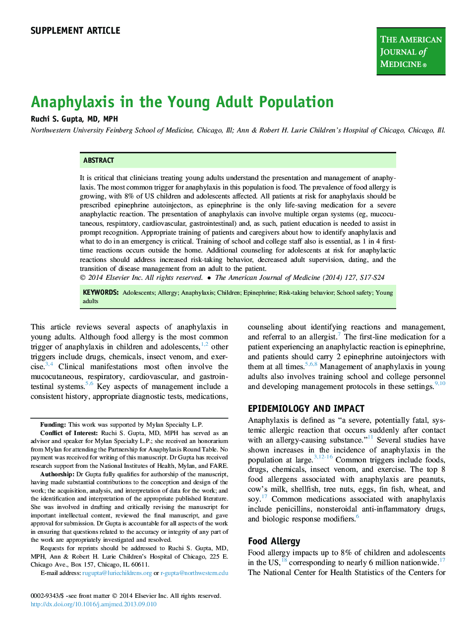 Anaphylaxis in the Young Adult Population 