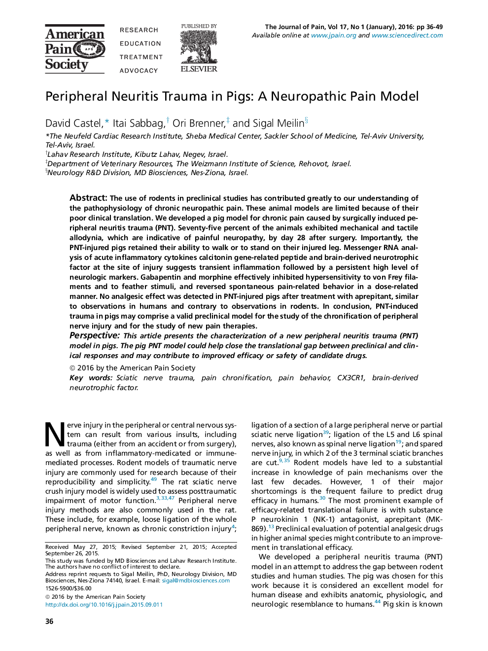 Peripheral Neuritis Trauma in Pigs: A Neuropathic Pain Model 