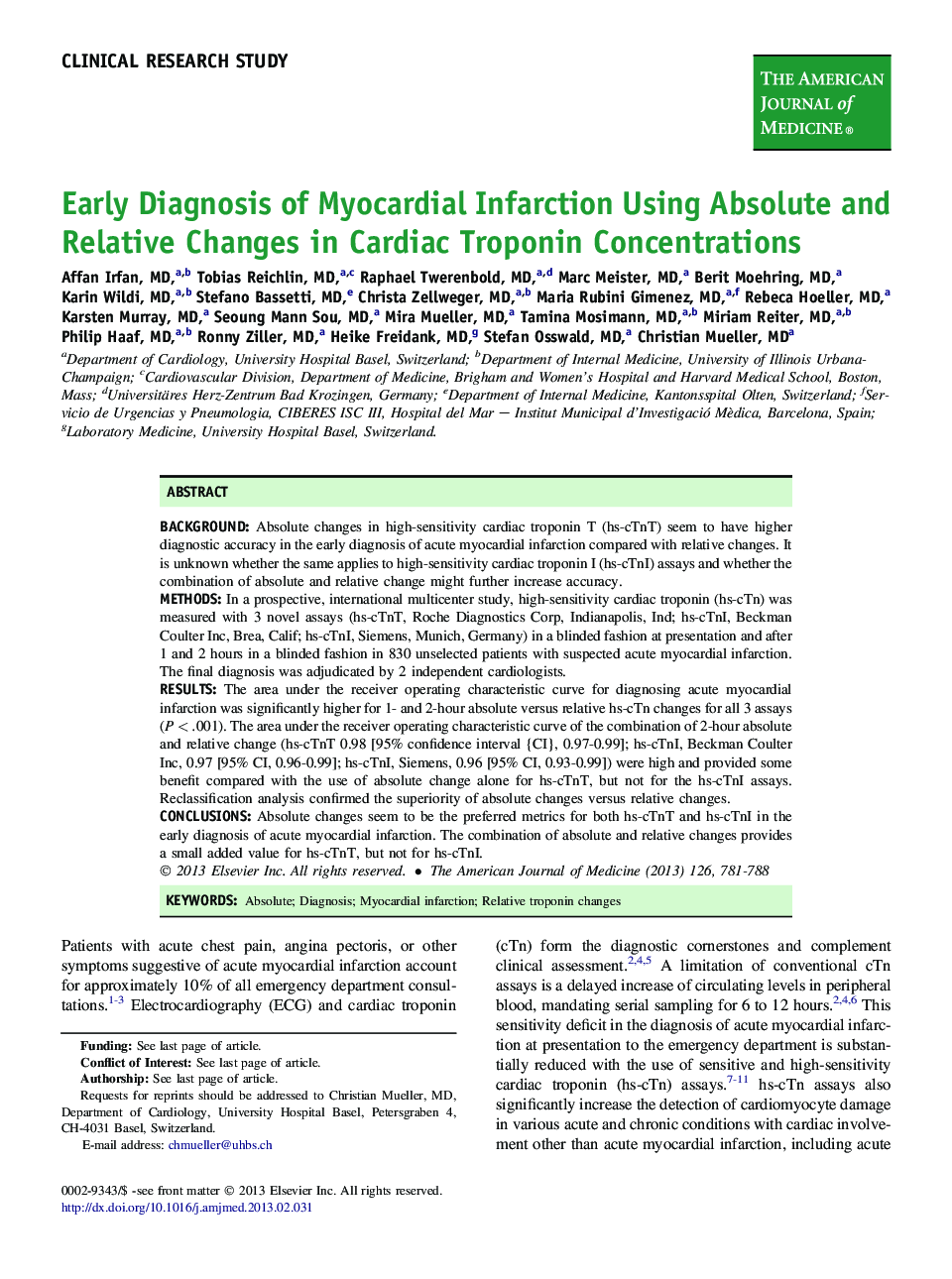 Early Diagnosis of Myocardial Infarction Using Absolute and Relative Changes in Cardiac Troponin Concentrations