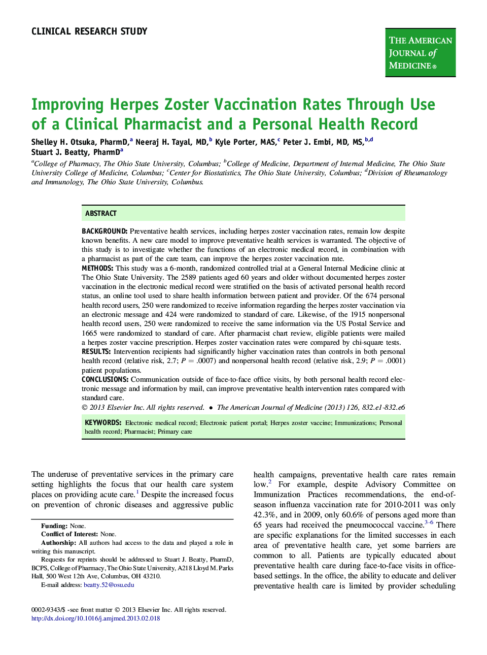 Improving Herpes Zoster Vaccination Rates Through Use of a Clinical Pharmacist and a Personal Health Record