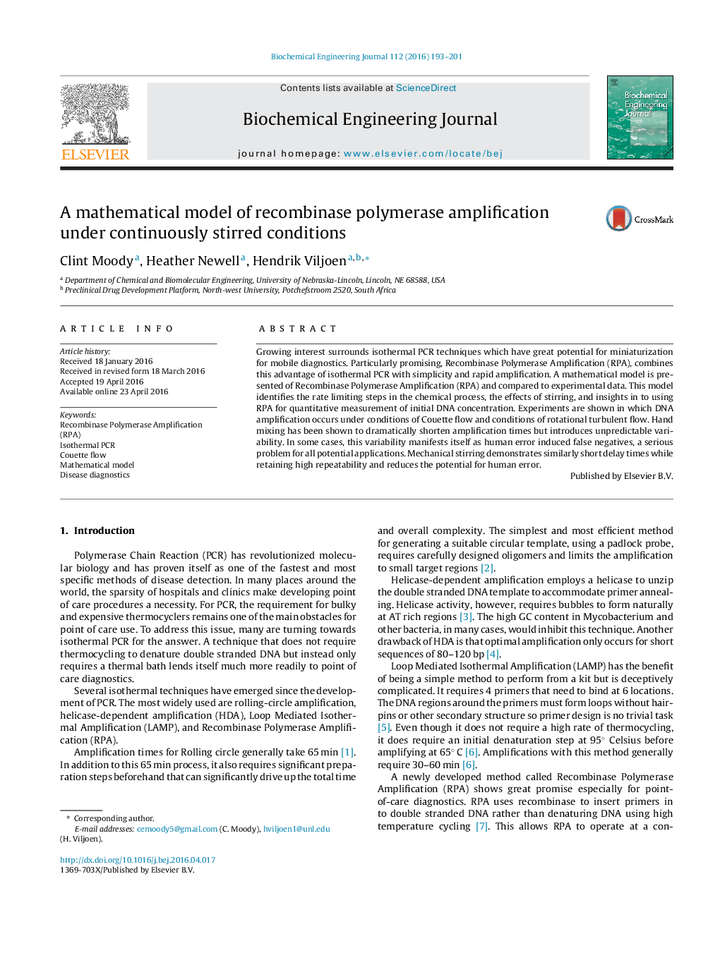 A mathematical model of recombinase polymerase amplification under continuously stirred conditions