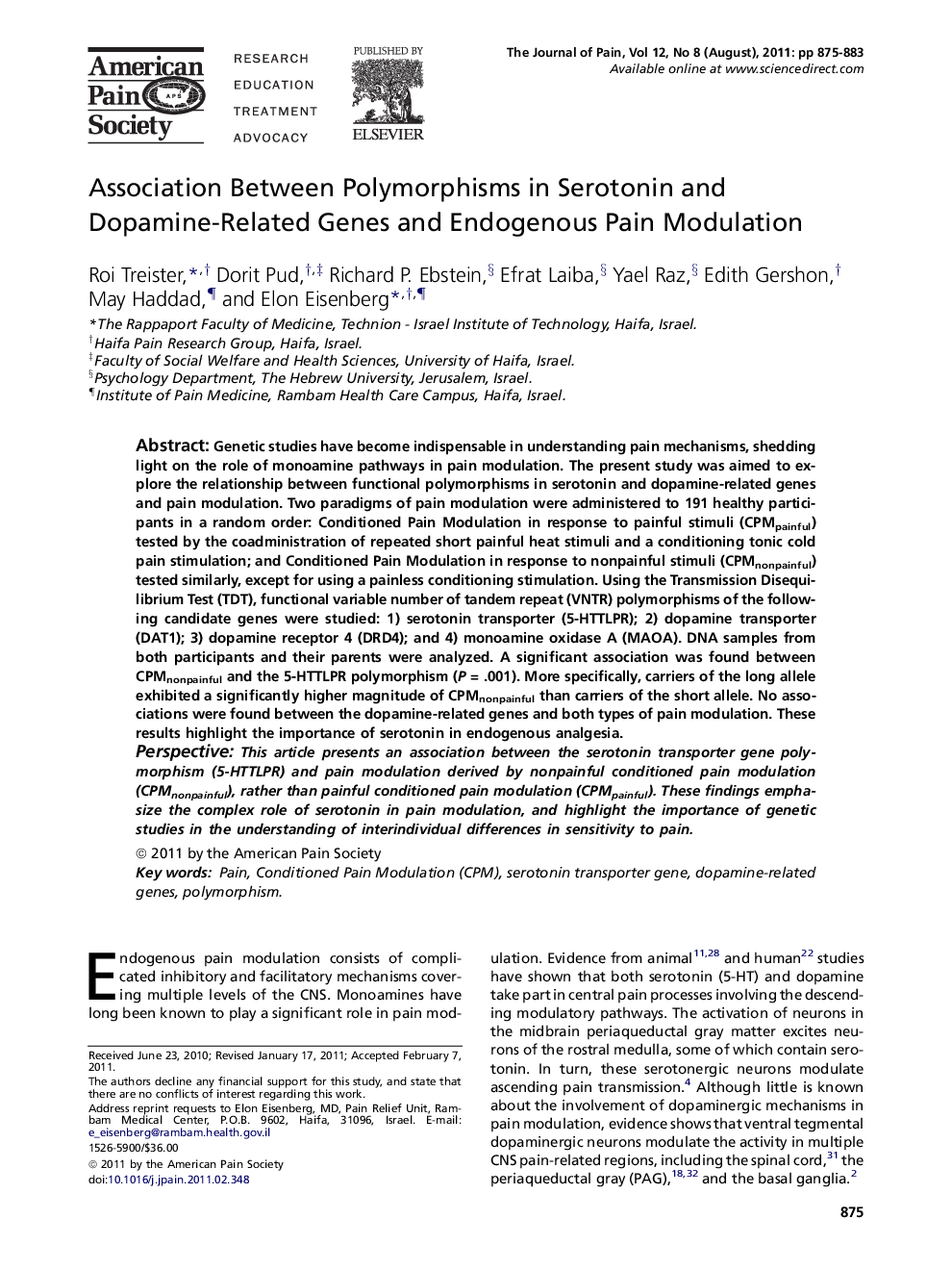 Association Between Polymorphisms in Serotonin and Dopamine-Related Genes and Endogenous Pain Modulation 