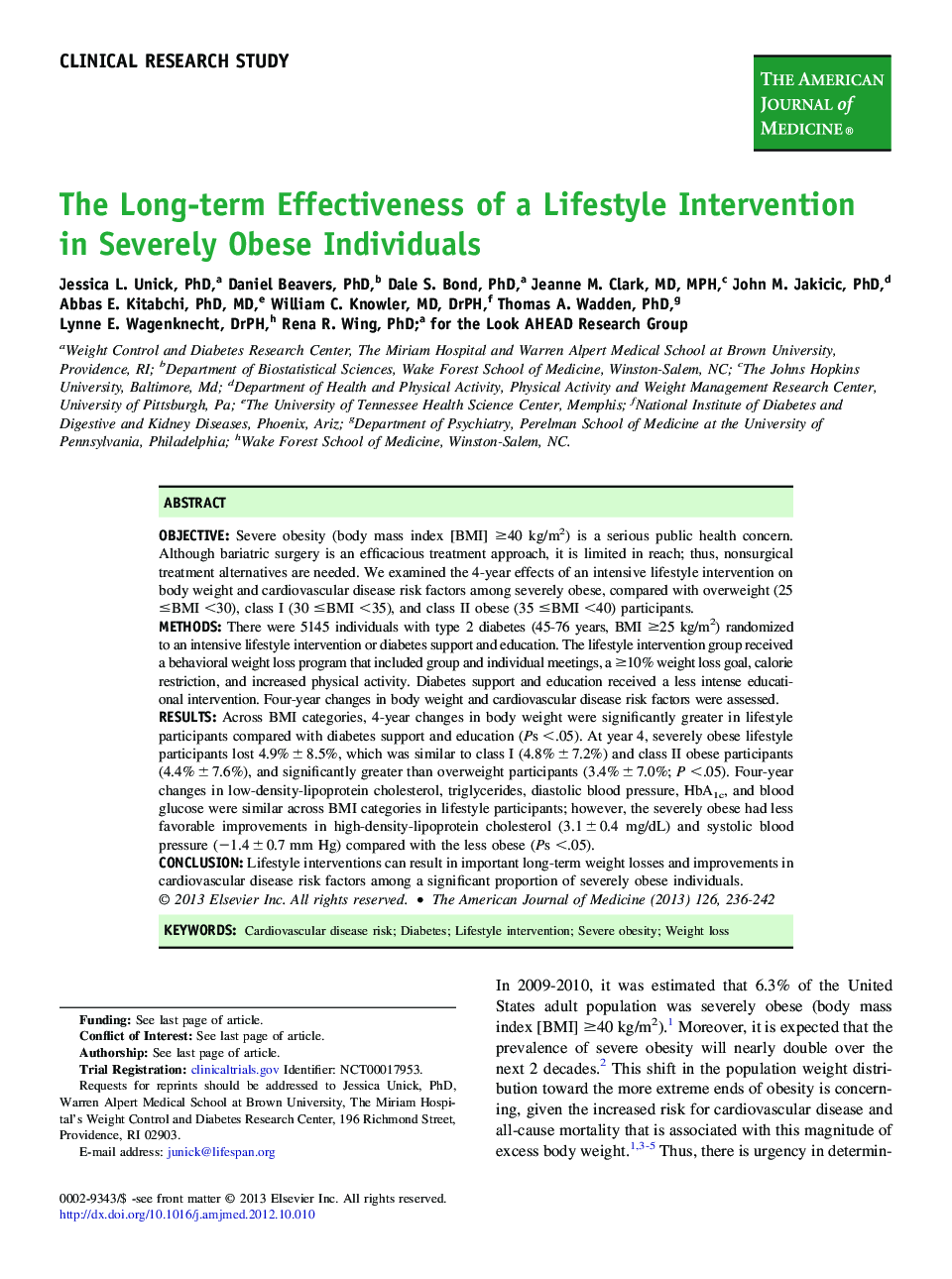 The Long-term Effectiveness of a Lifestyle Intervention in Severely Obese Individuals