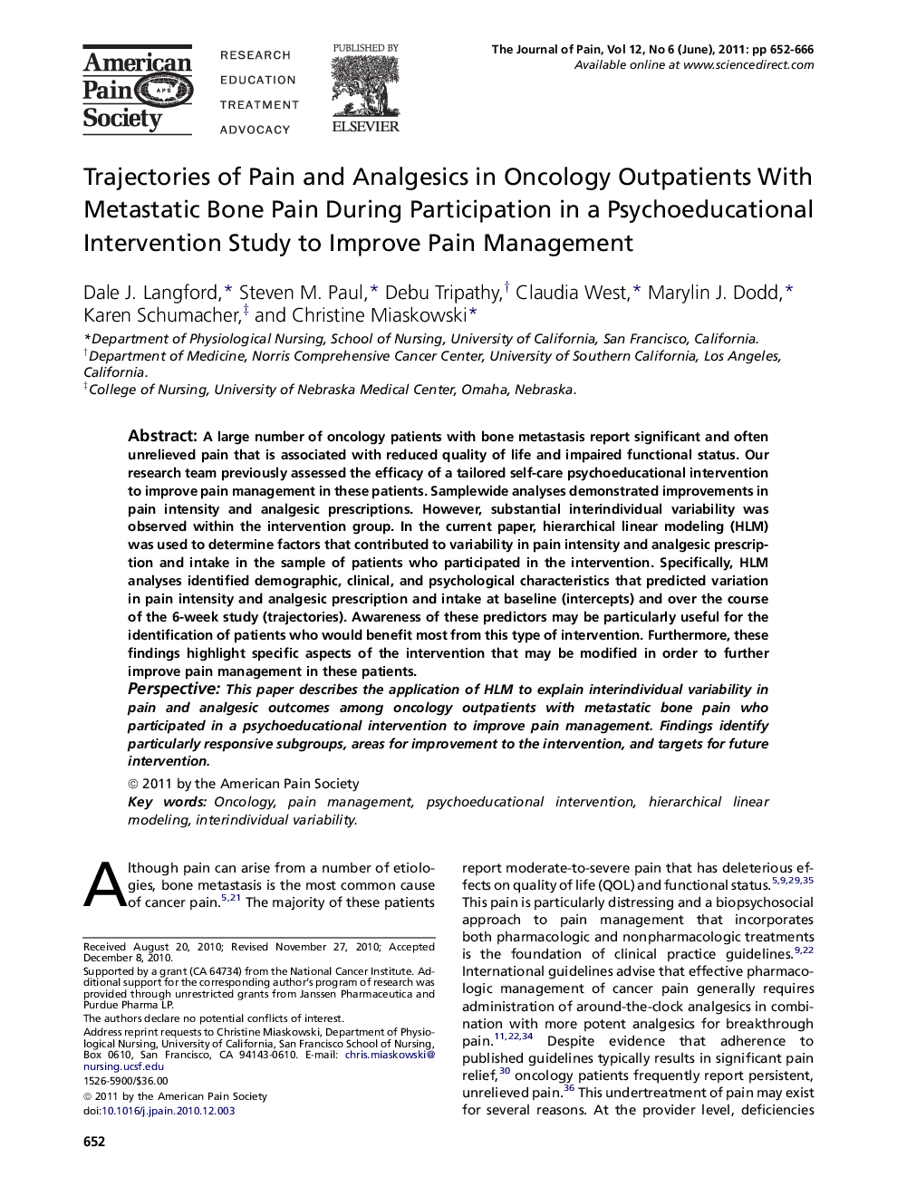 Trajectories of Pain and Analgesics in Oncology Outpatients With Metastatic Bone Pain During Participation in a Psychoeducational Intervention Study to Improve Pain Management 