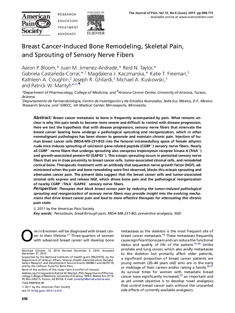 Breast Cancer-Induced Bone Remodeling, Skeletal Pain, and Sprouting of Sensory Nerve Fibers 