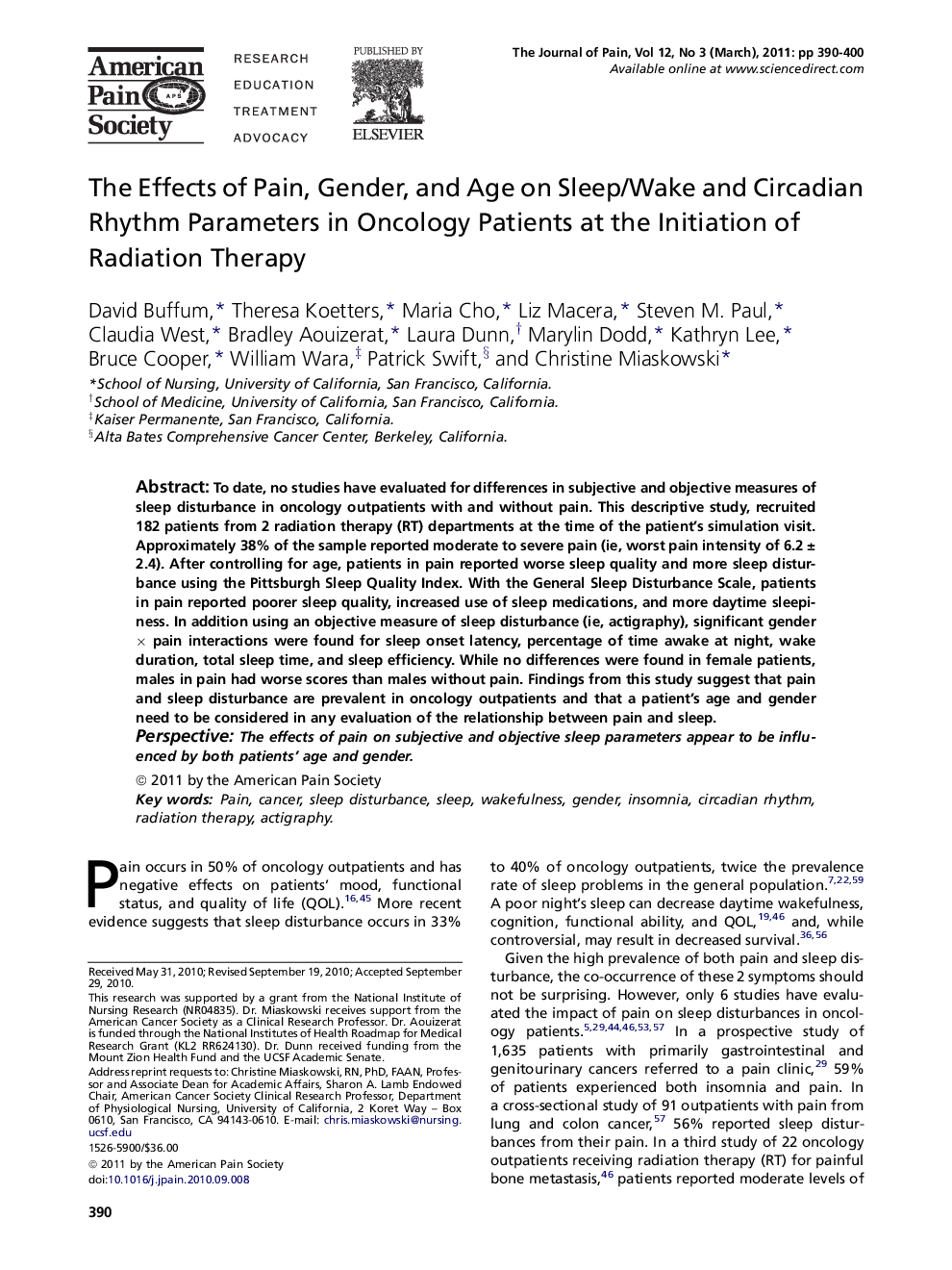 The Effects of Pain, Gender, and Age on Sleep/Wake and Circadian Rhythm Parameters in Oncology Patients at the Initiation of Radiation Therapy