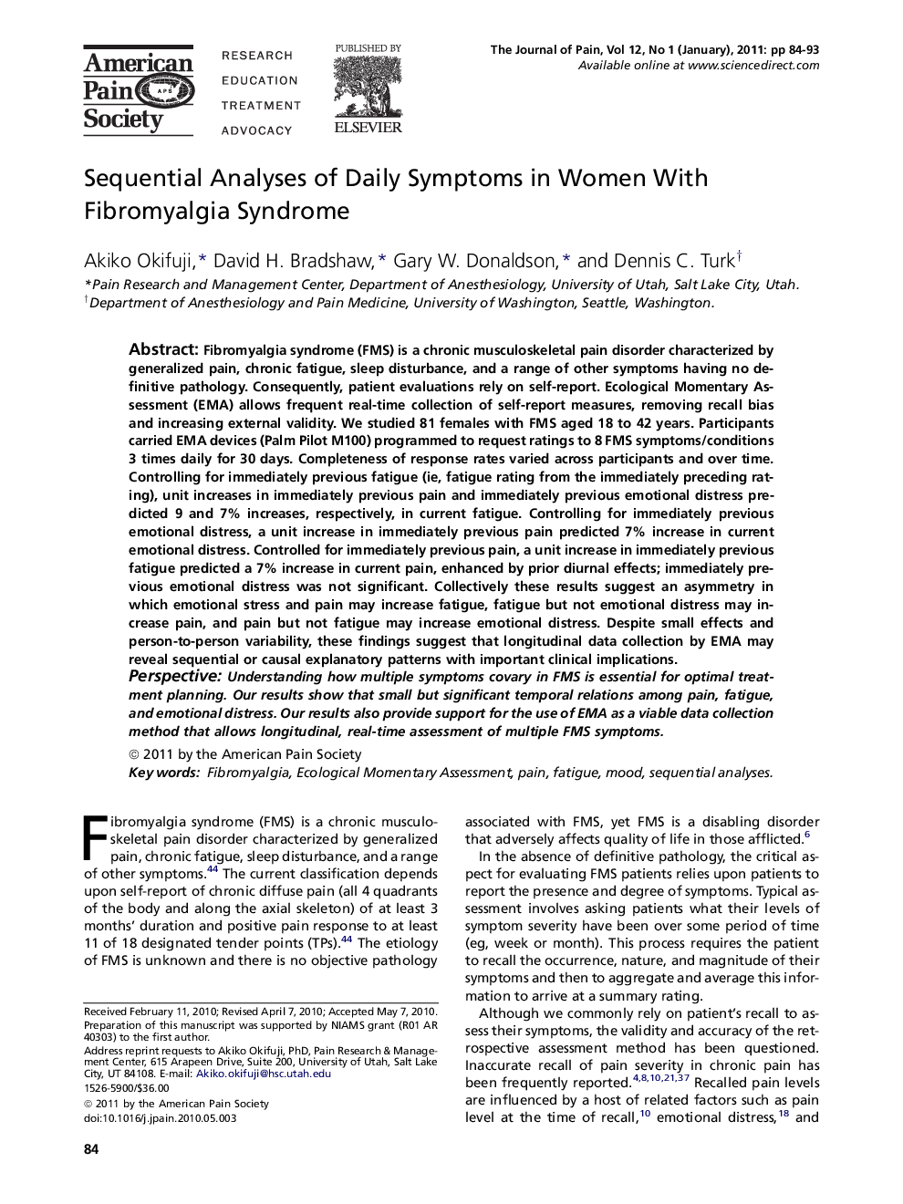 Sequential Analyses of Daily Symptoms in Women With Fibromyalgia Syndrome 