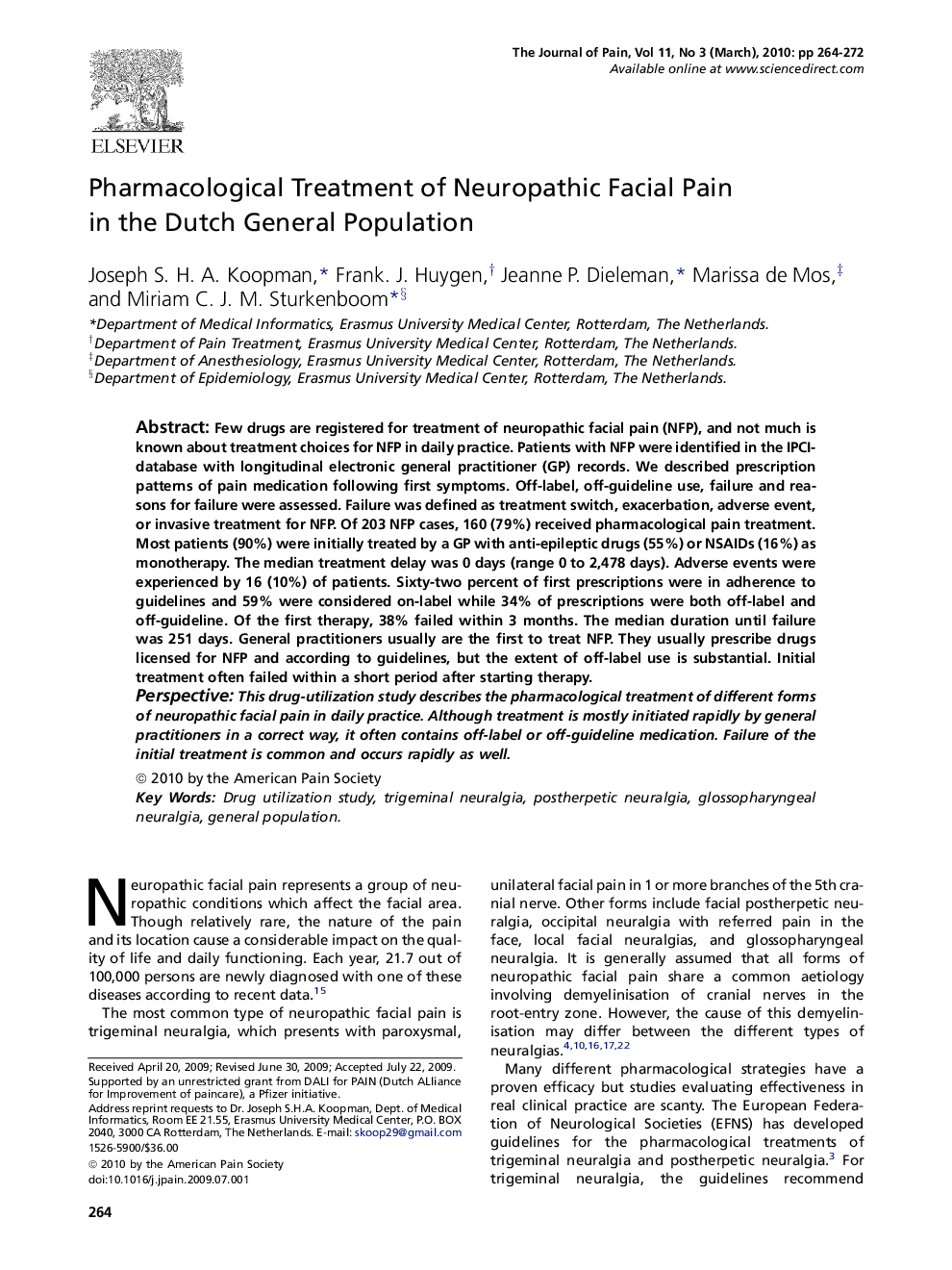 Pharmacological Treatment of Neuropathic Facial Pain in the Dutch General Population 