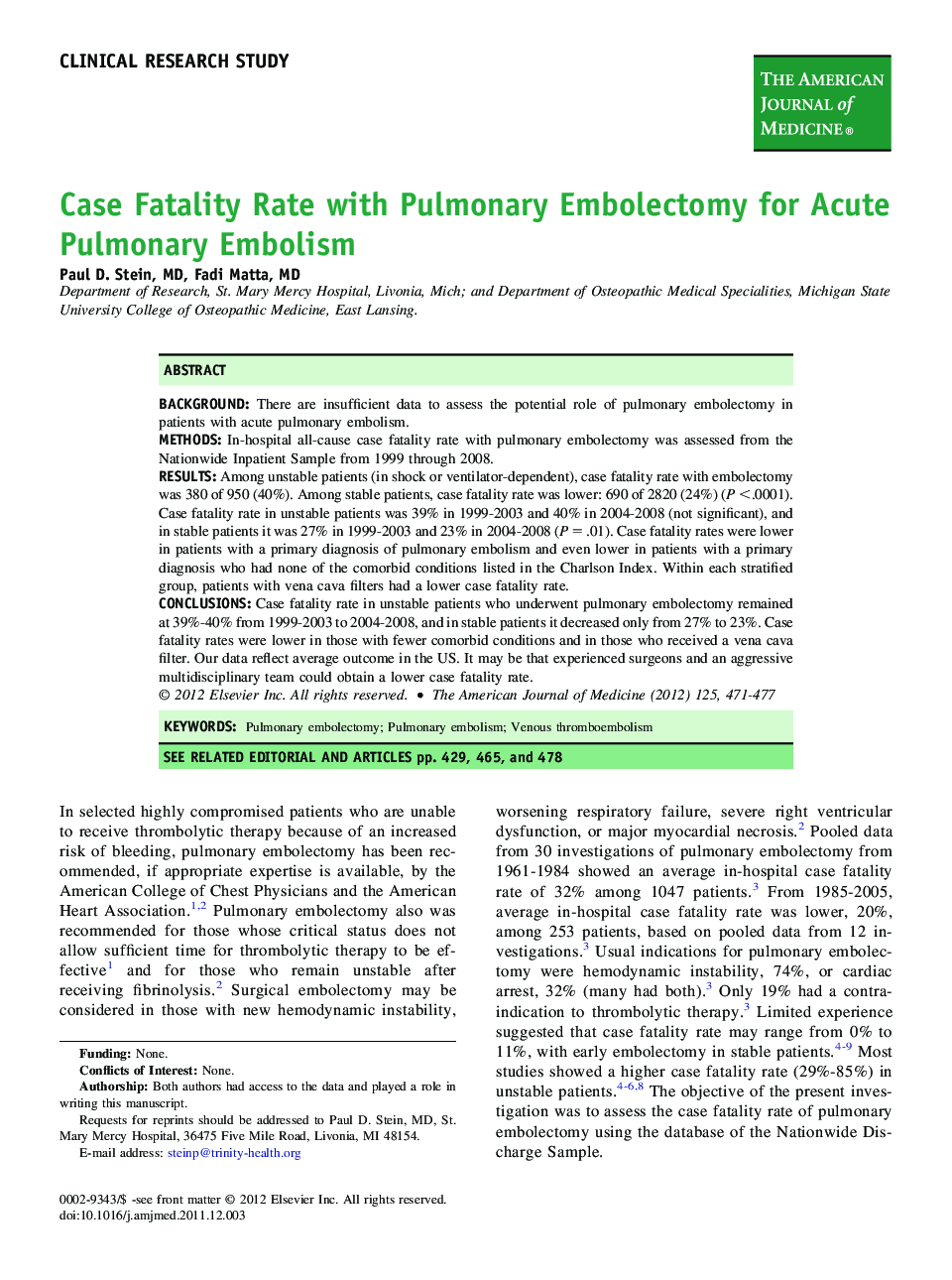 Case Fatality Rate with Pulmonary Embolectomy for Acute Pulmonary Embolism