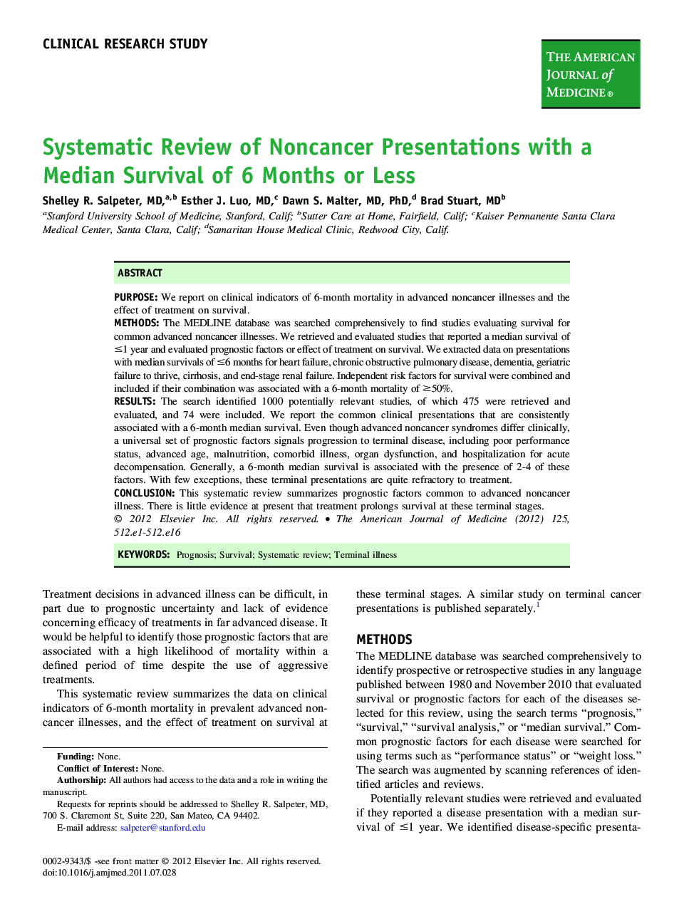 Systematic Review of Noncancer Presentations with a Median Survival of 6 Months or Less