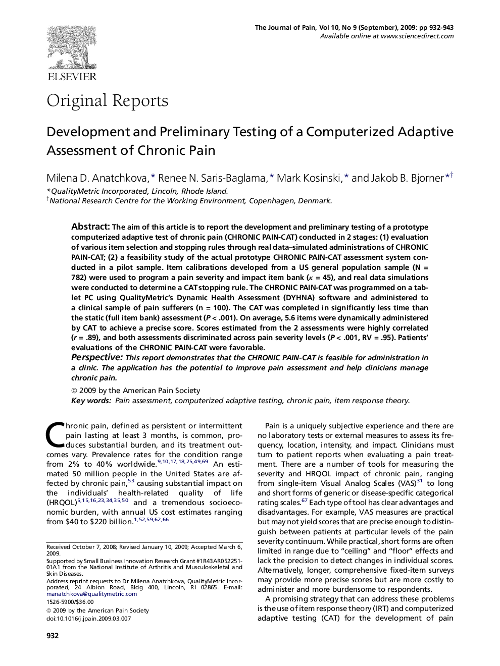 Development and Preliminary Testing of a Computerized Adaptive Assessment of Chronic Pain 