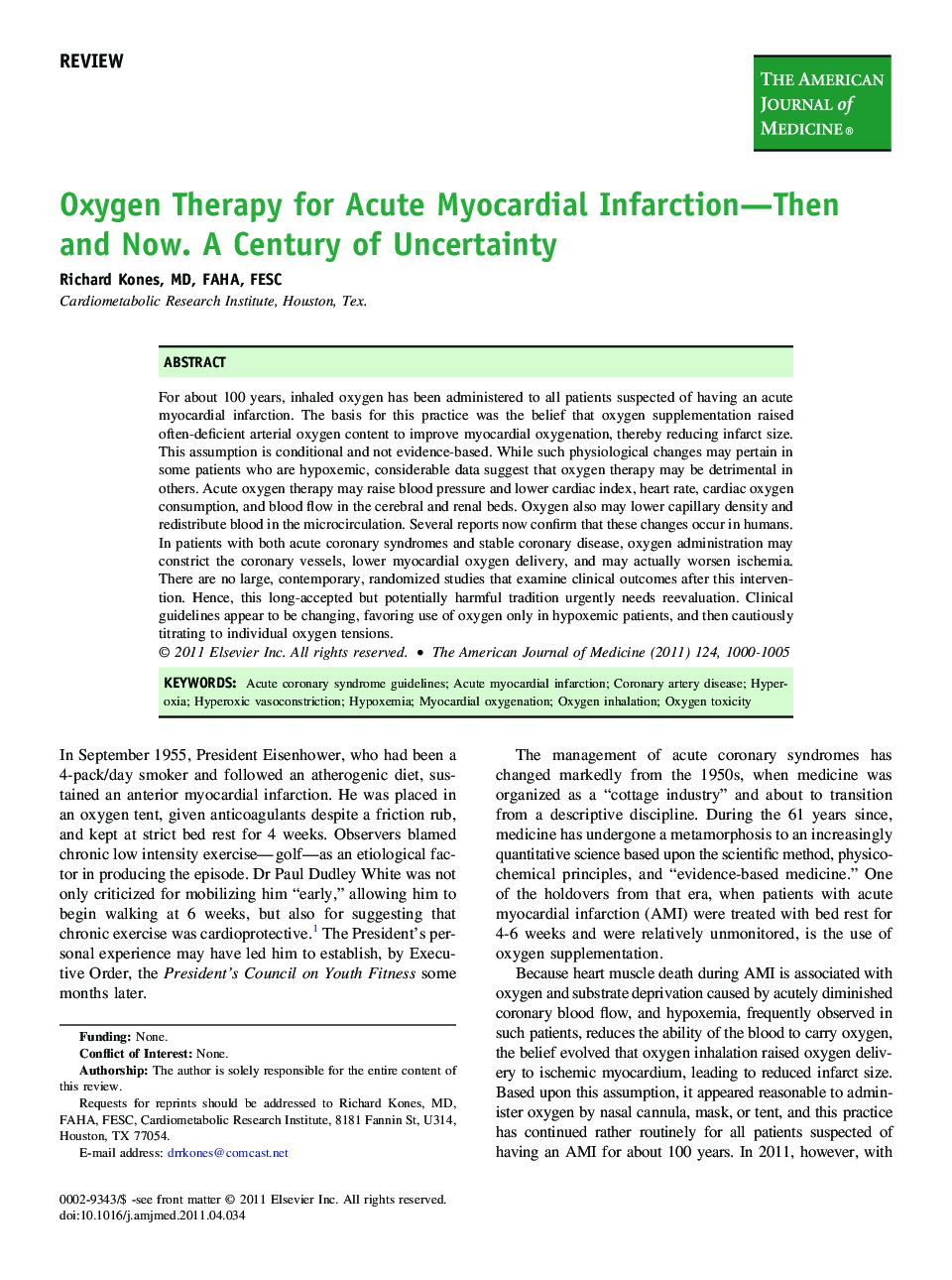 Oxygen Therapy for Acute Myocardial Infarction—Then and Now. A Century of Uncertainty 