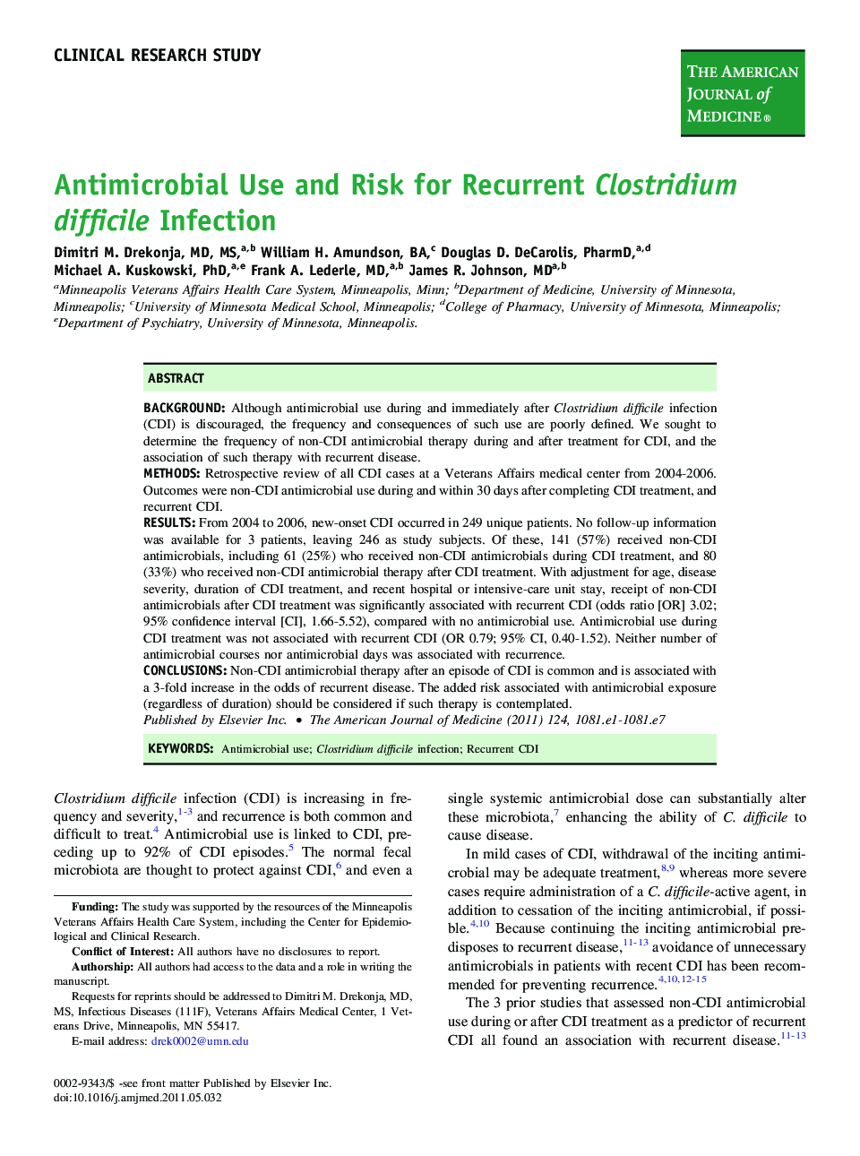 Antimicrobial Use and Risk for Recurrent Clostridium difficile Infection