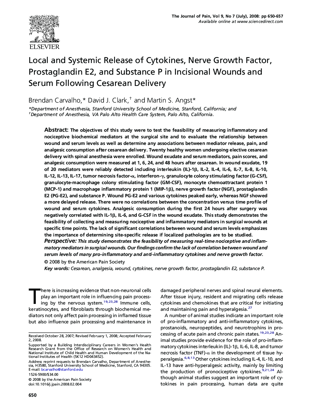 Local and Systemic Release of Cytokines, Nerve Growth Factor, Prostaglandin E2, and Substance P in Incisional Wounds and Serum Following Cesarean Delivery 