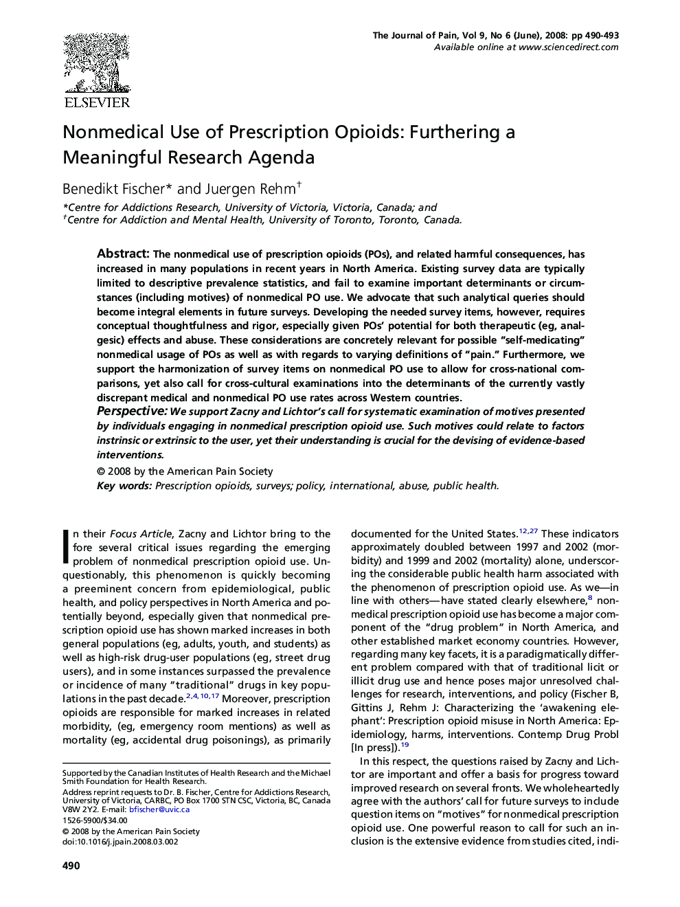 Nonmedical Use of Prescription Opioids: Furthering a Meaningful Research Agenda 