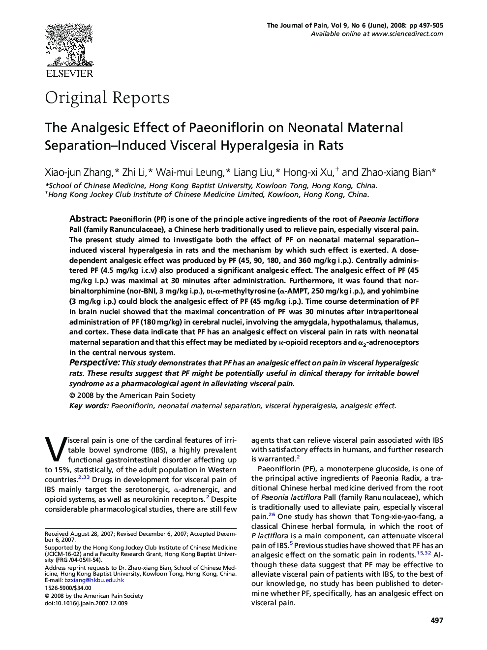 The Analgesic Effect of Paeoniflorin on Neonatal Maternal Separation–Induced Visceral Hyperalgesia in Rats 
