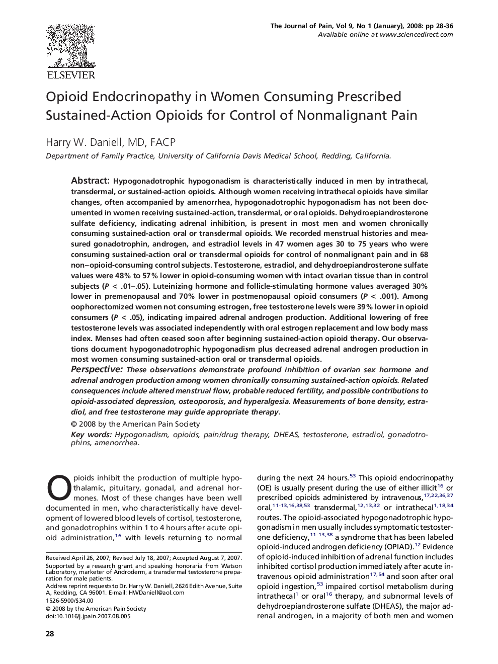 Opioid Endocrinopathy in Women Consuming Prescribed Sustained-Action Opioids for Control of Nonmalignant Pain 