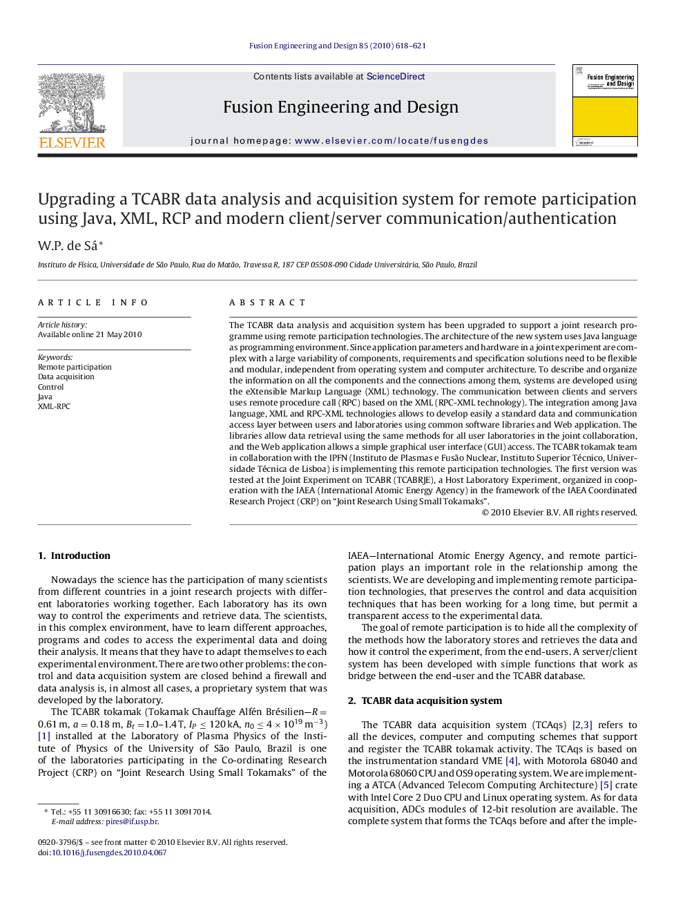 Upgrading a TCABR data analysis and acquisition system for remote participation using Java, XML, RCP and modern client/server communication/authentication