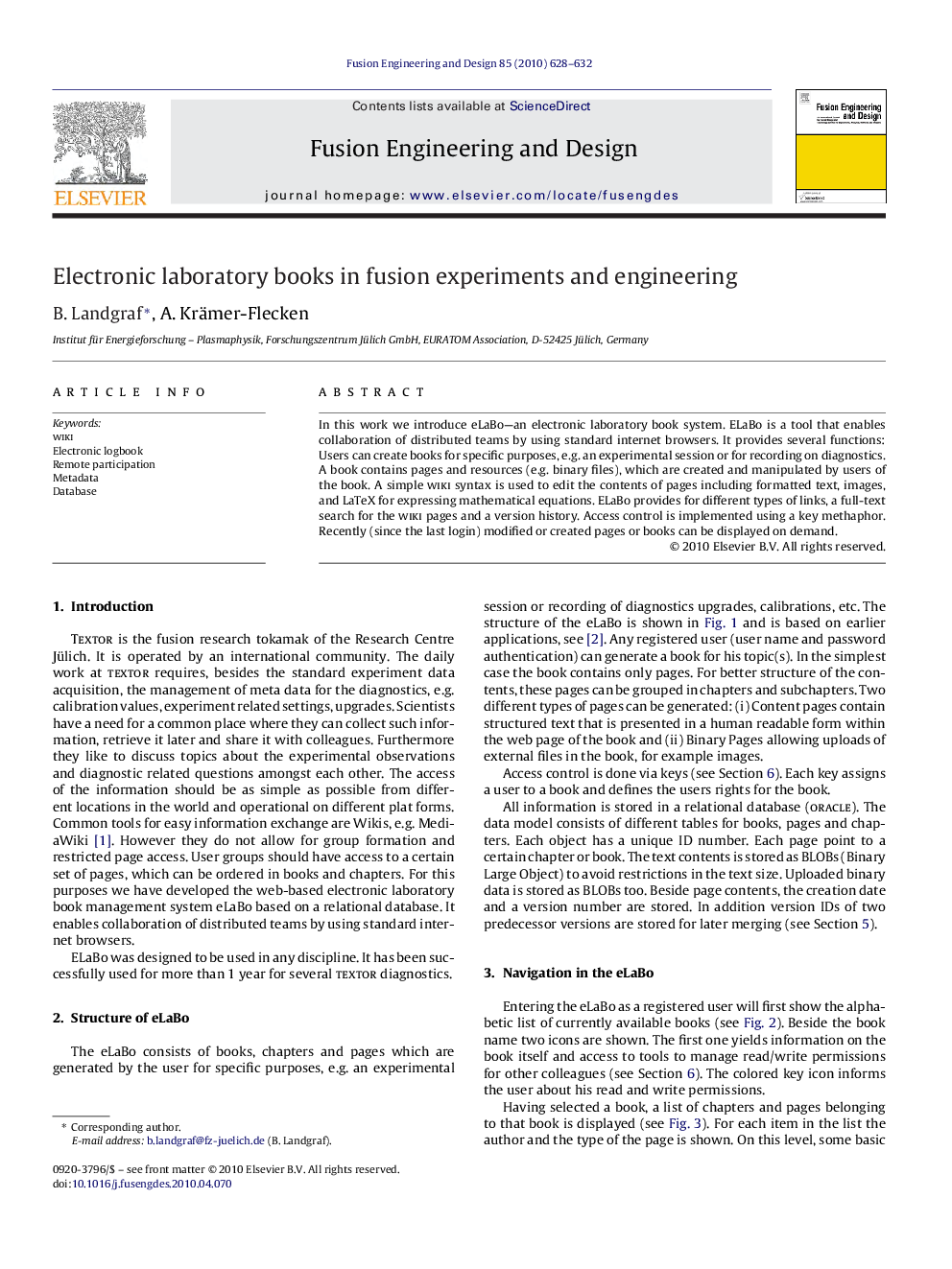 Electronic laboratory books in fusion experiments and engineering