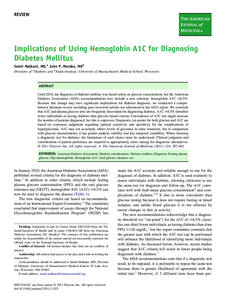 Implications of Using Hemoglobin A1C for Diagnosing Diabetes Mellitus 