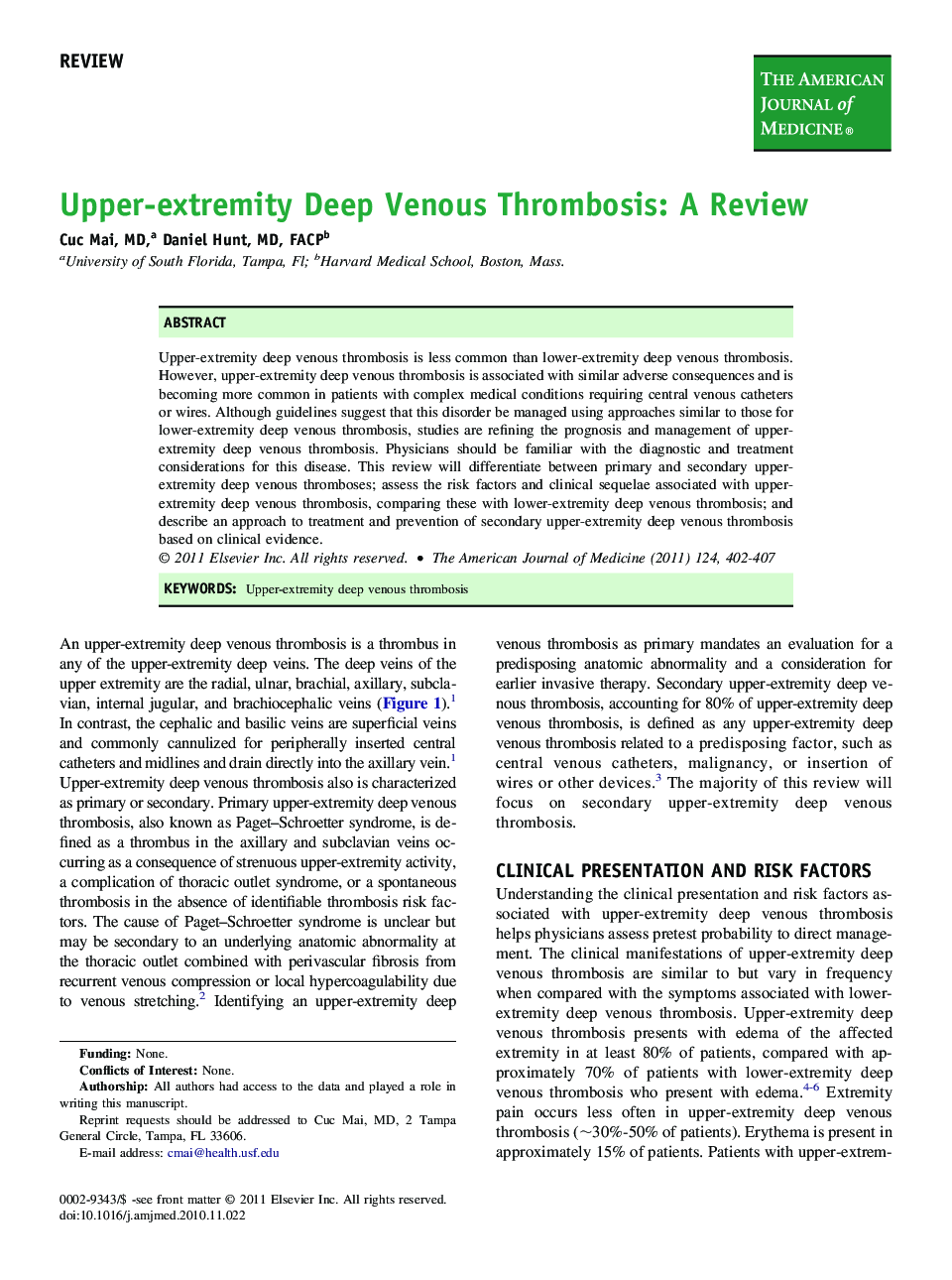 Upper-extremity Deep Venous Thrombosis: A Review 