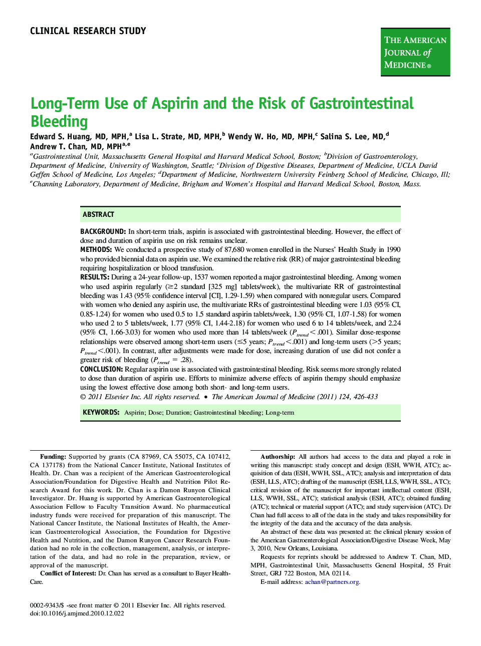 Long-Term Use of Aspirin and the Risk of Gastrointestinal Bleeding 