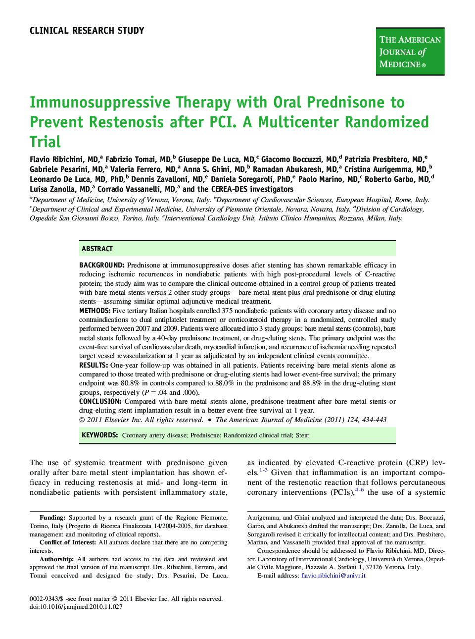Immunosuppressive Therapy with Oral Prednisone to Prevent Restenosis after PCI. A Multicenter Randomized Trial 