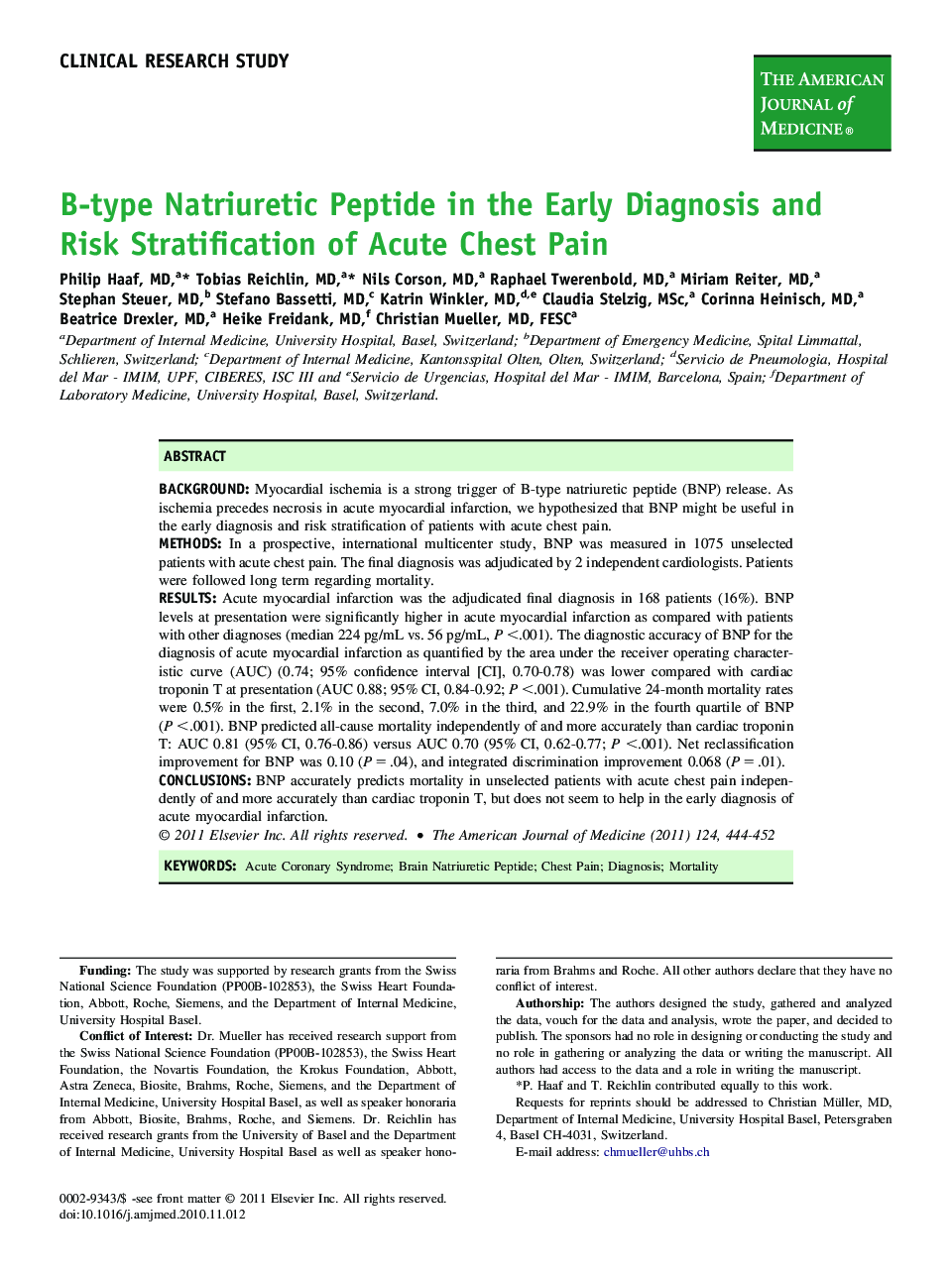 B-type Natriuretic Peptide in the Early Diagnosis and Risk Stratification of Acute Chest Pain 