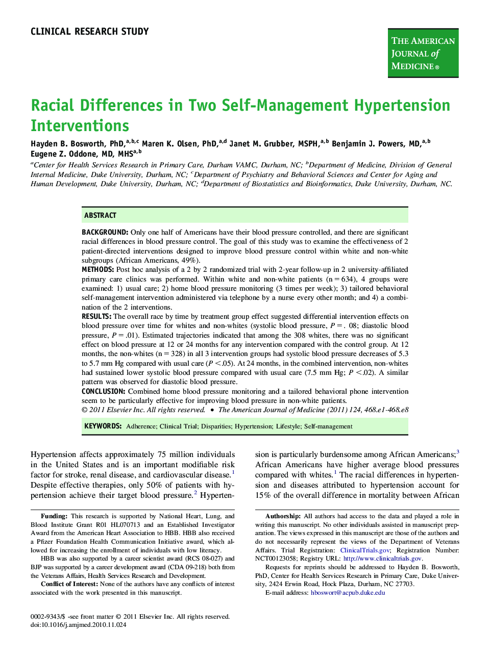 Racial Differences in Two Self-Management Hypertension Interventions