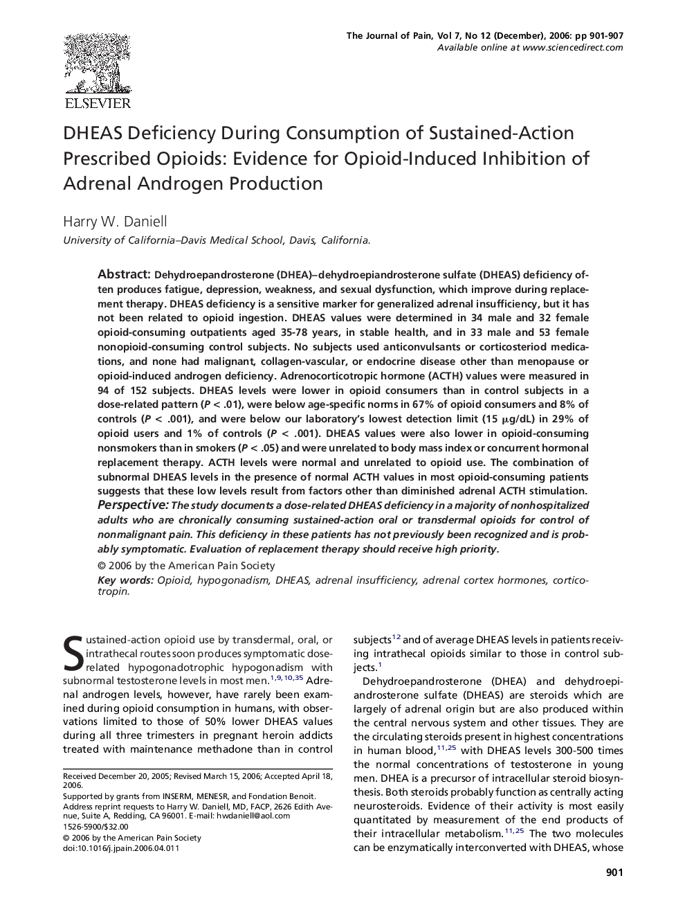 DHEAS Deficiency During Consumption of Sustained-Action Prescribed Opioids: Evidence for Opioid-Induced Inhibition of Adrenal Androgen Production 