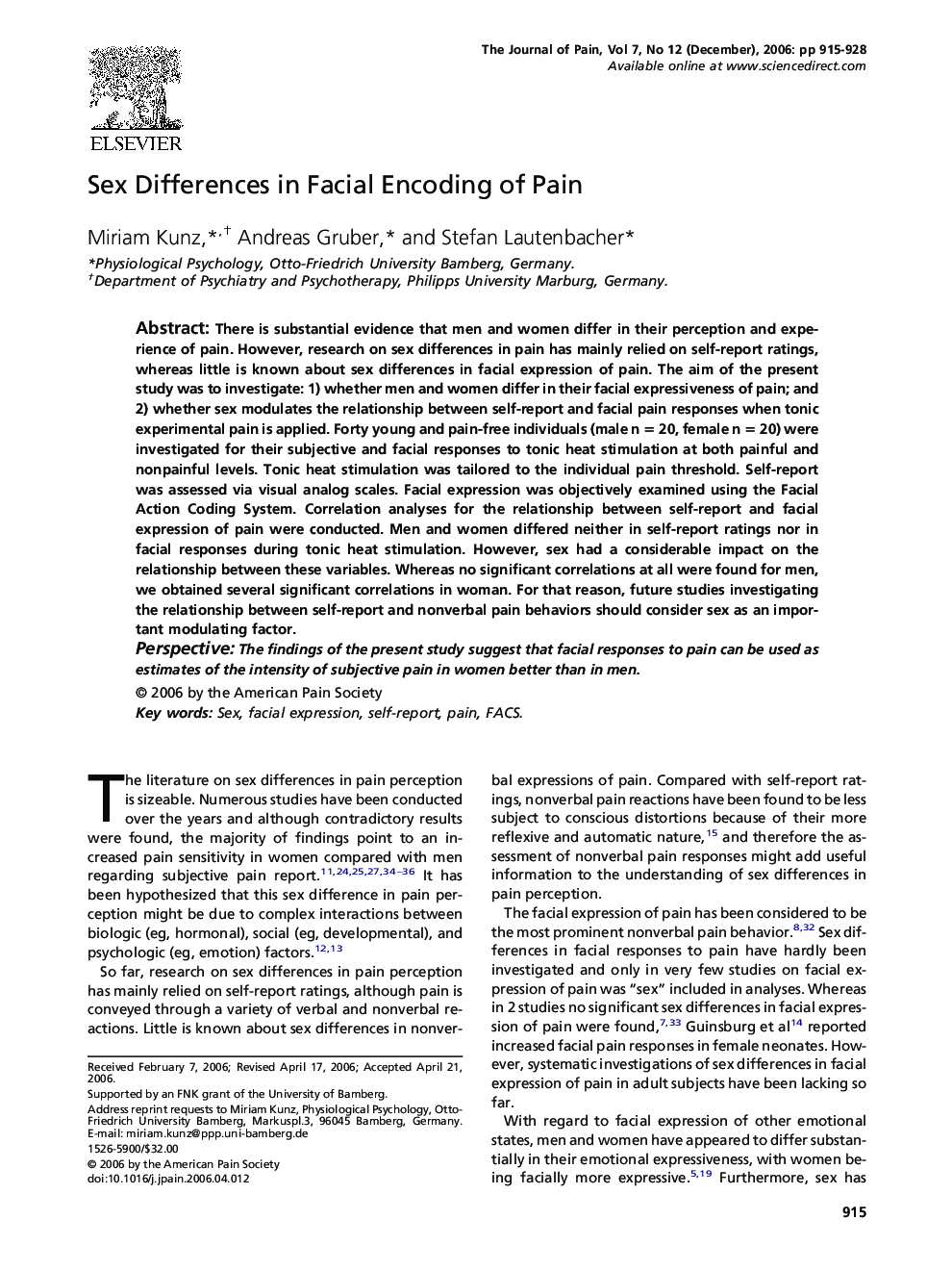 Sex Differences in Facial Encoding of Pain 