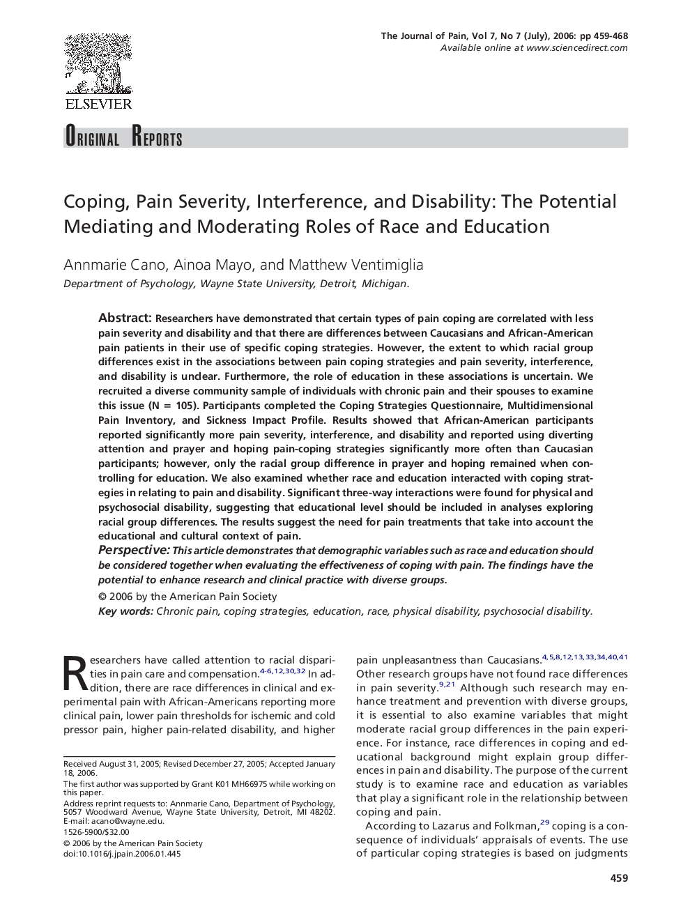 Coping, Pain Severity, Interference, and Disability: The Potential Mediating and Moderating Roles of Race and Education 