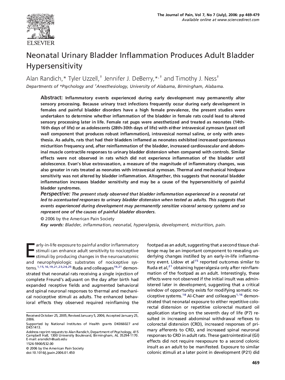 Neonatal Urinary Bladder Inflammation Produces Adult Bladder Hypersensitivity 