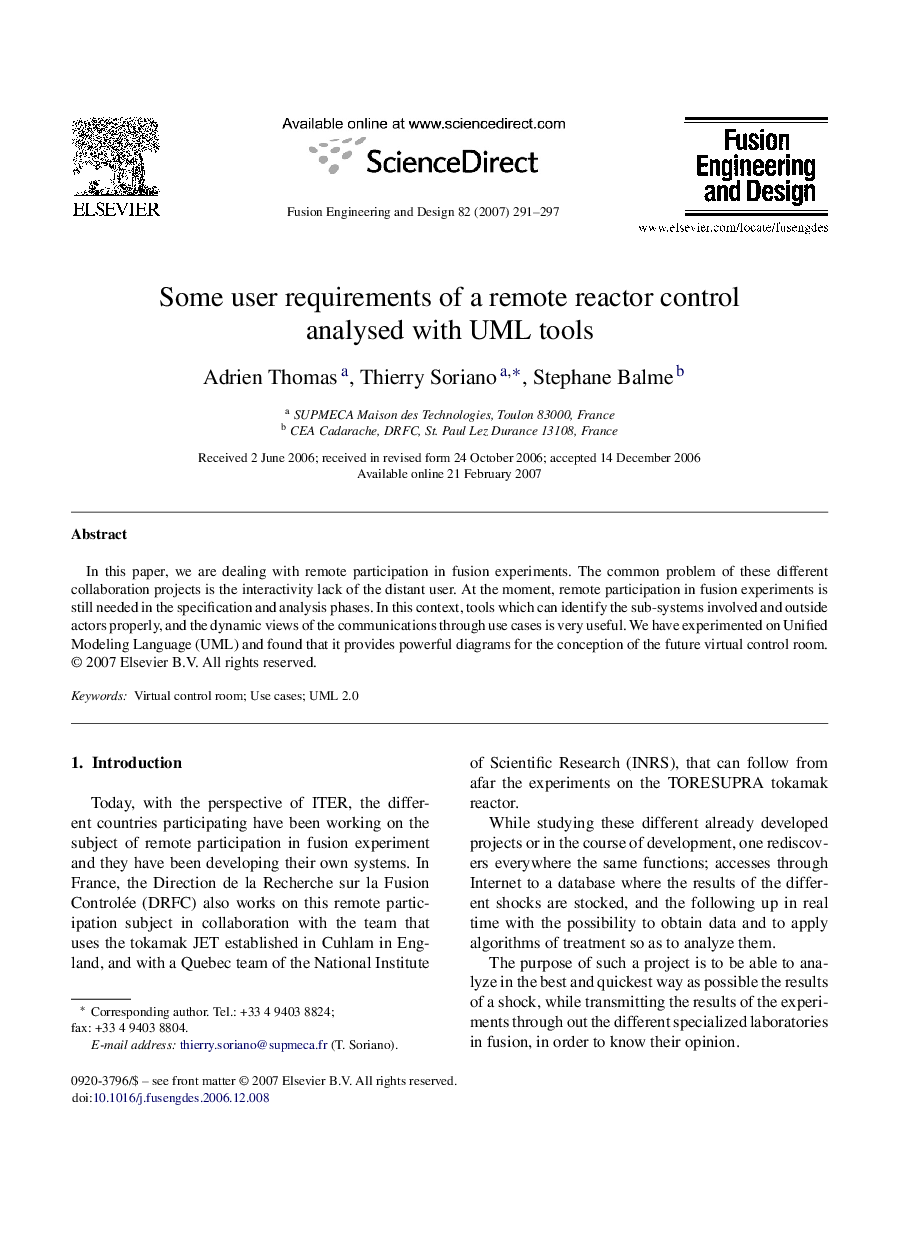 Some user requirements of a remote reactor control analysed with UML tools