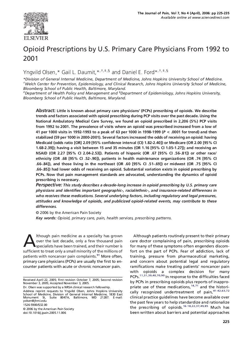 Opioid Prescriptions by U.S. Primary Care Physicians From 1992 to 2001