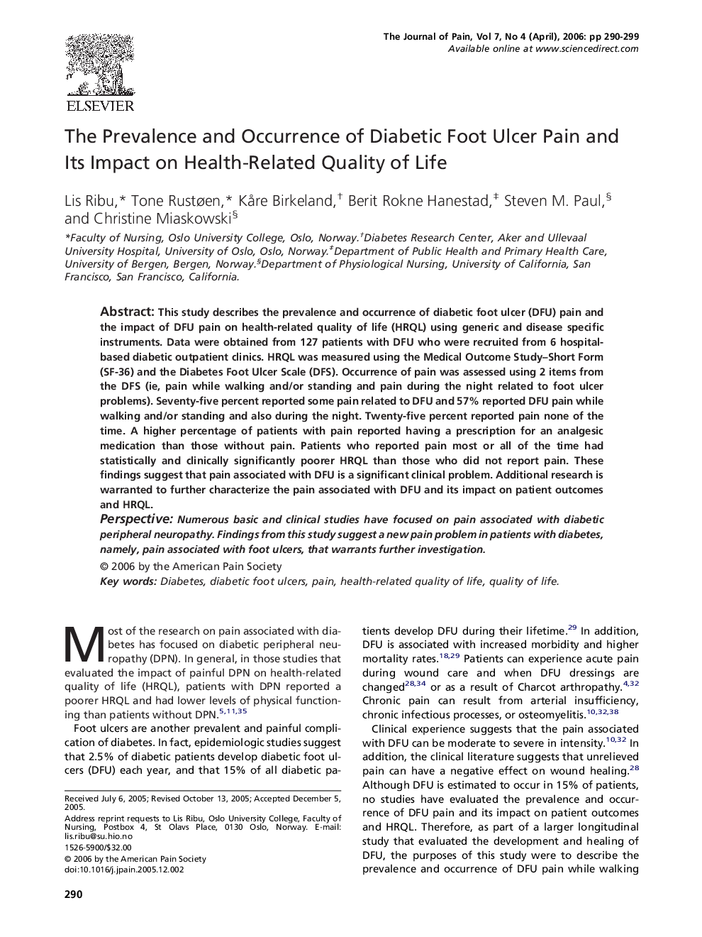 The Prevalence and Occurrence of Diabetic Foot Ulcer Pain and Its Impact on Health-Related Quality of Life