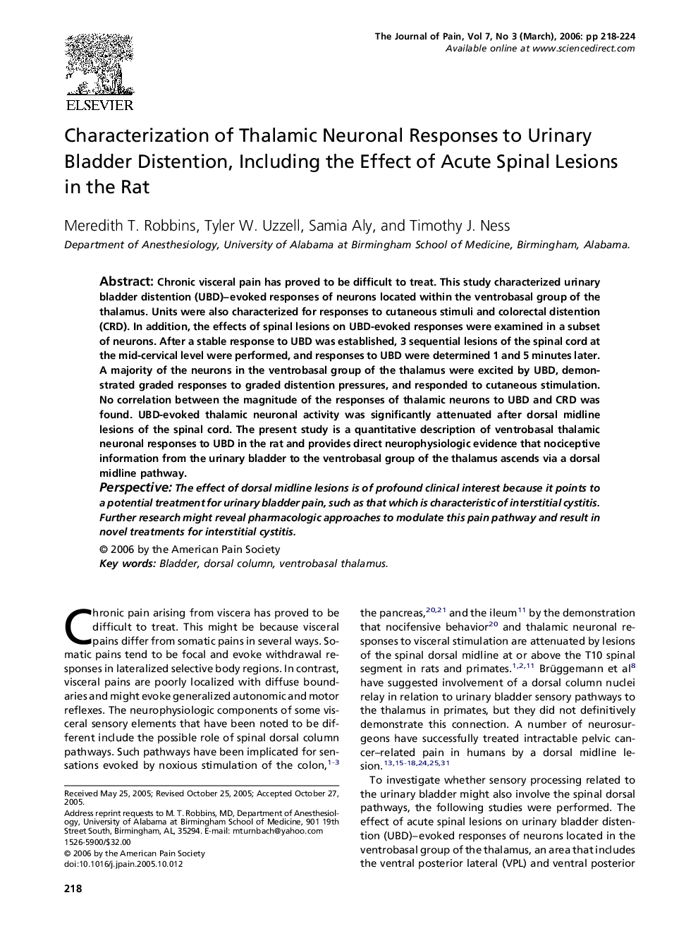 Characterization of Thalamic Neuronal Responses to Urinary Bladder Distention, Including the Effect of Acute Spinal Lesions in the Rat