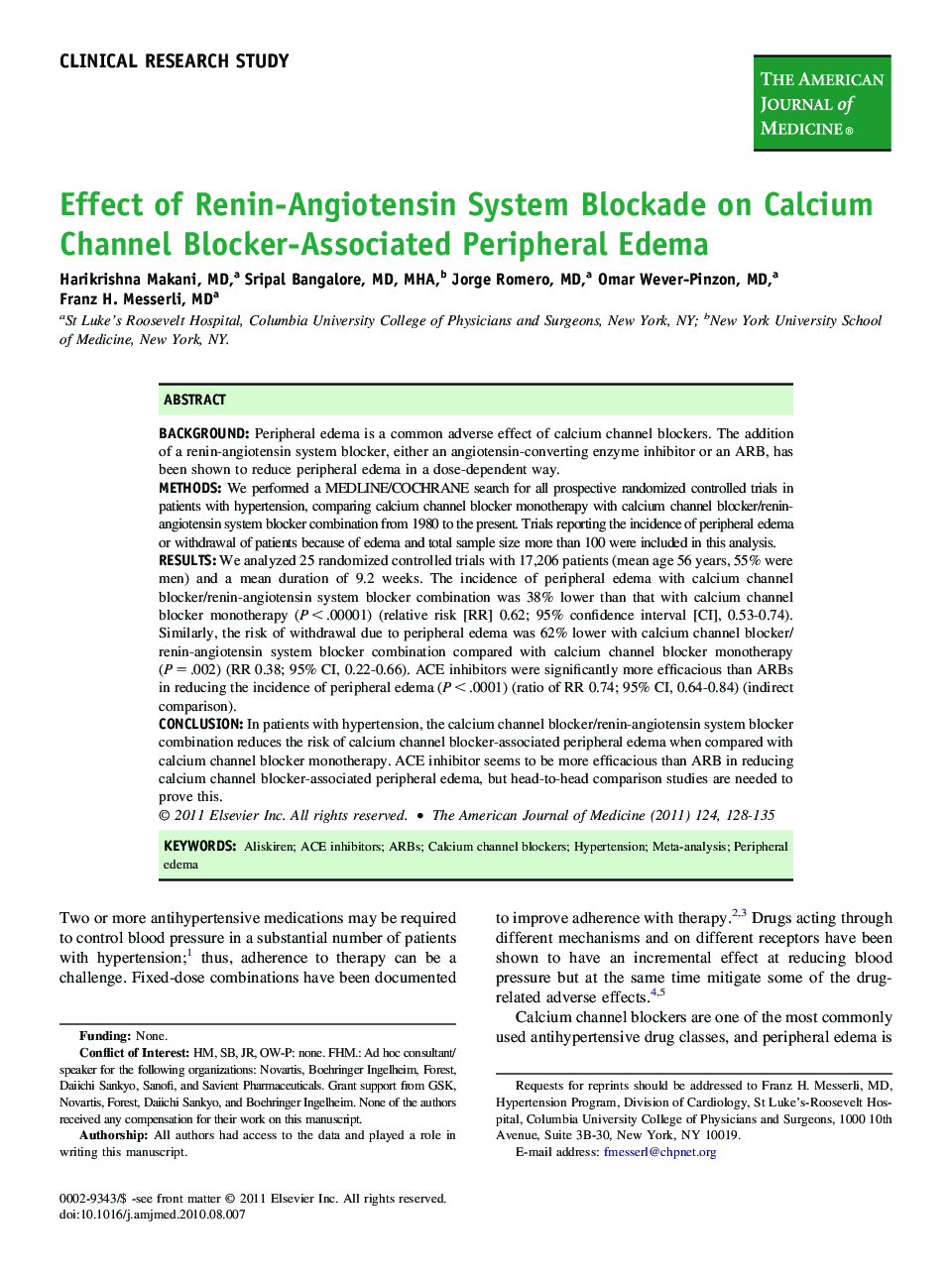 عکس صفحه اول مقاله: Effect of Renin-Angiotensin System Blockade on Calcium Channel Blocker-Associated Peripheral Edema Effect of Renin-Angiotensin System Blockade on Calcium Channel Blocker-Associated Peripheral Edema