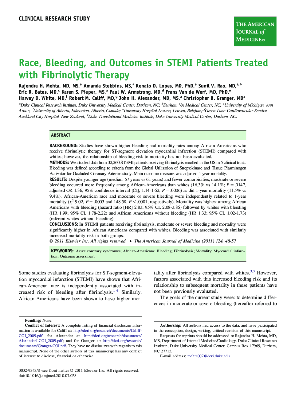 Race, Bleeding, and Outcomes in STEMI Patients Treated with Fibrinolytic Therapy 