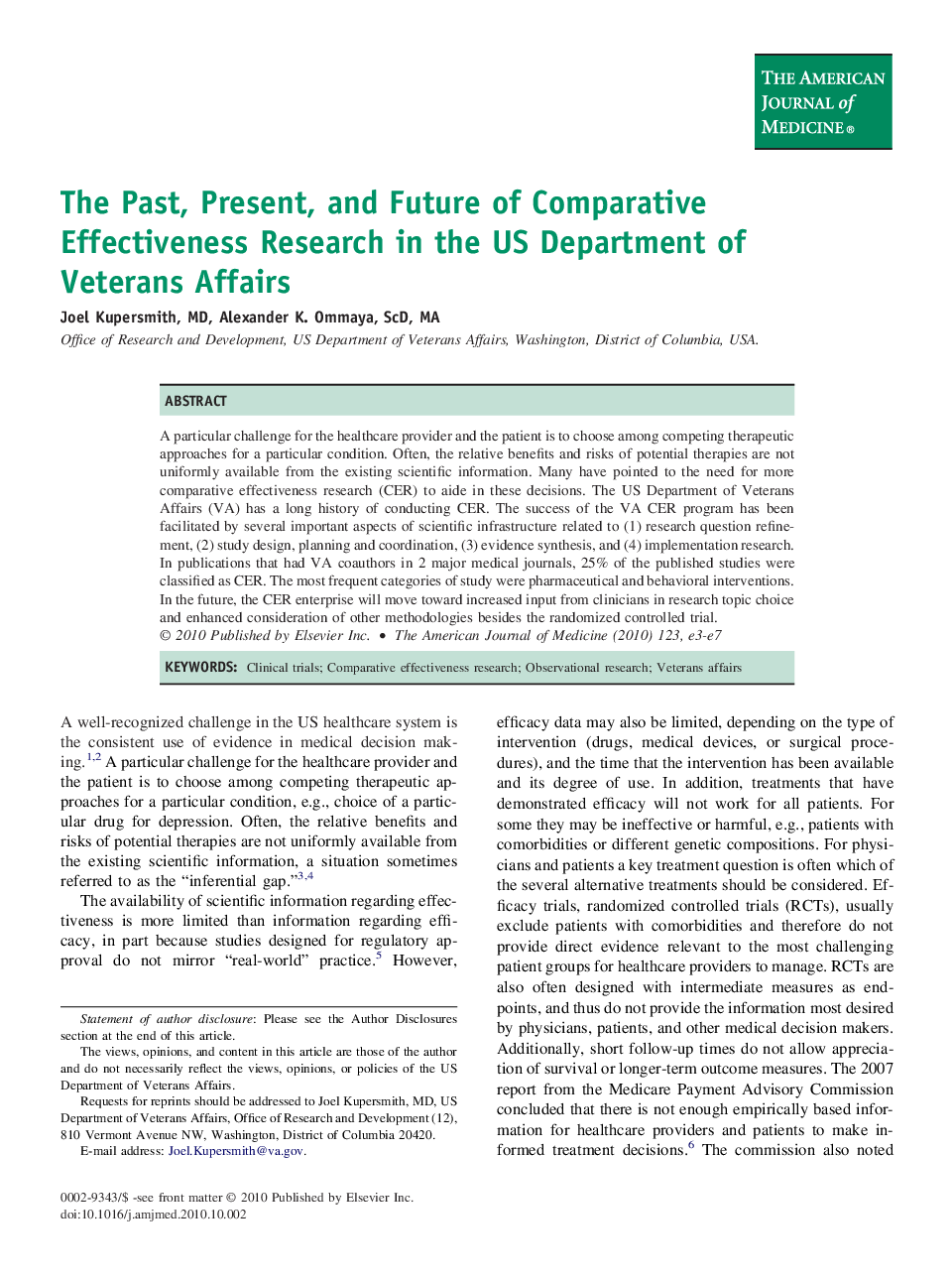 The Past, Present, and Future of Comparative Effectiveness Research in the US Department of Veterans Affairs 